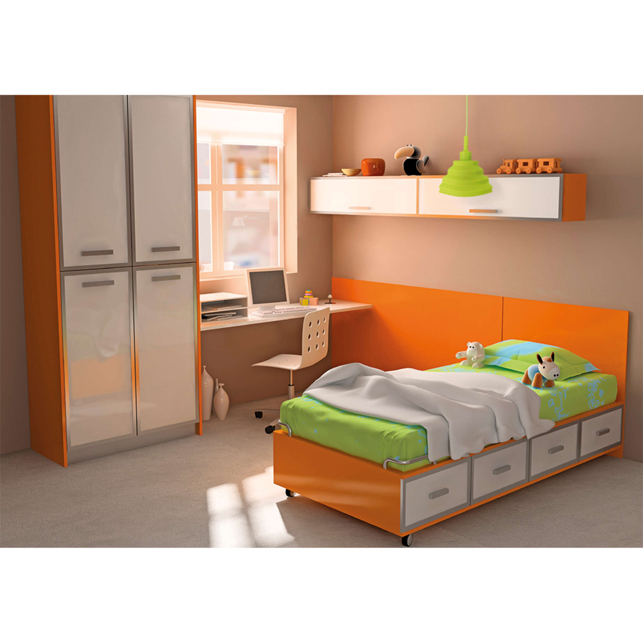 Schlafzimmer mit orangefarbenen und weißen Möbeln, Bett, Schreibtisch und grüner Hängeleuchte.