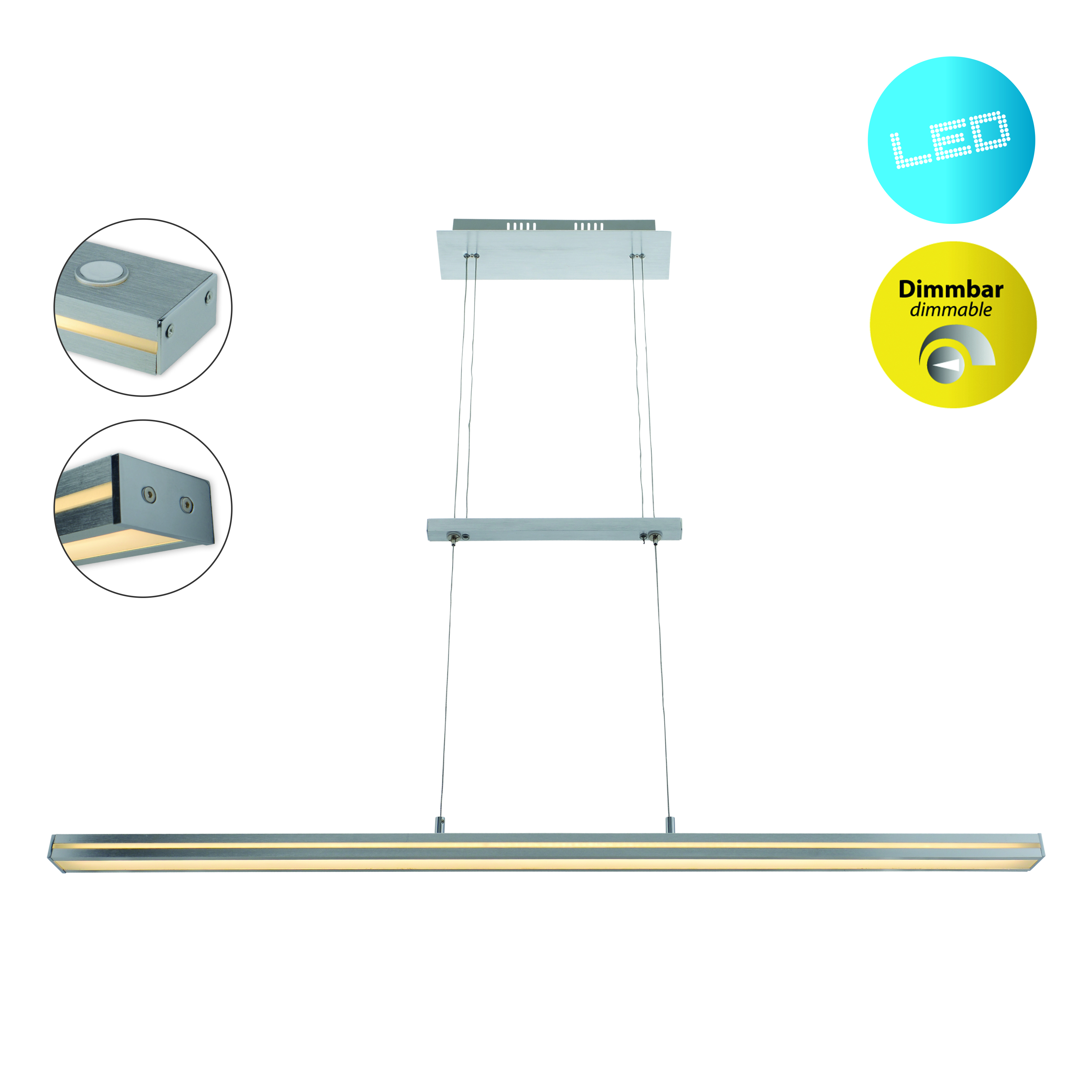 Lineare LED-Pendelleuchte. Metallisch silberne Farbe. Details des Lichts und Etiketten.