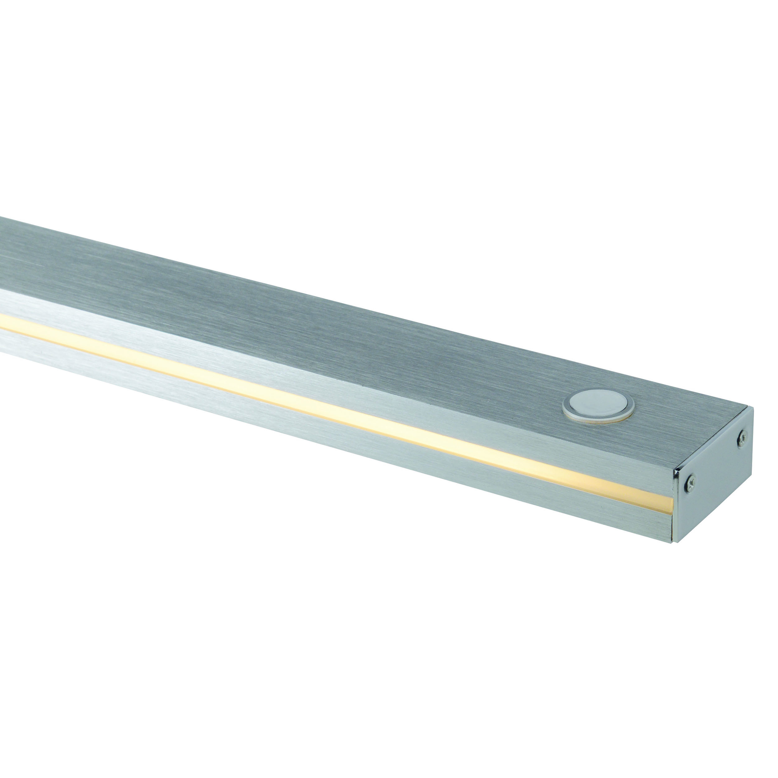 Eine silberne lineare Leuchte mit Knopf und gelbem Lichtstreifen.
