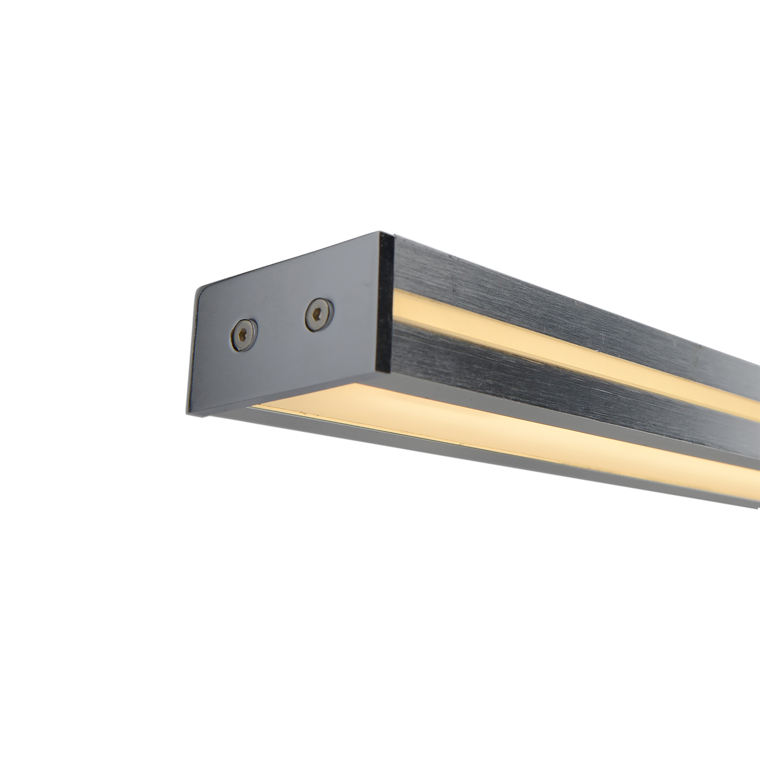Eine silberne lineare Leuchte mit zwei gelben Lichtstreifen und Schrauben.