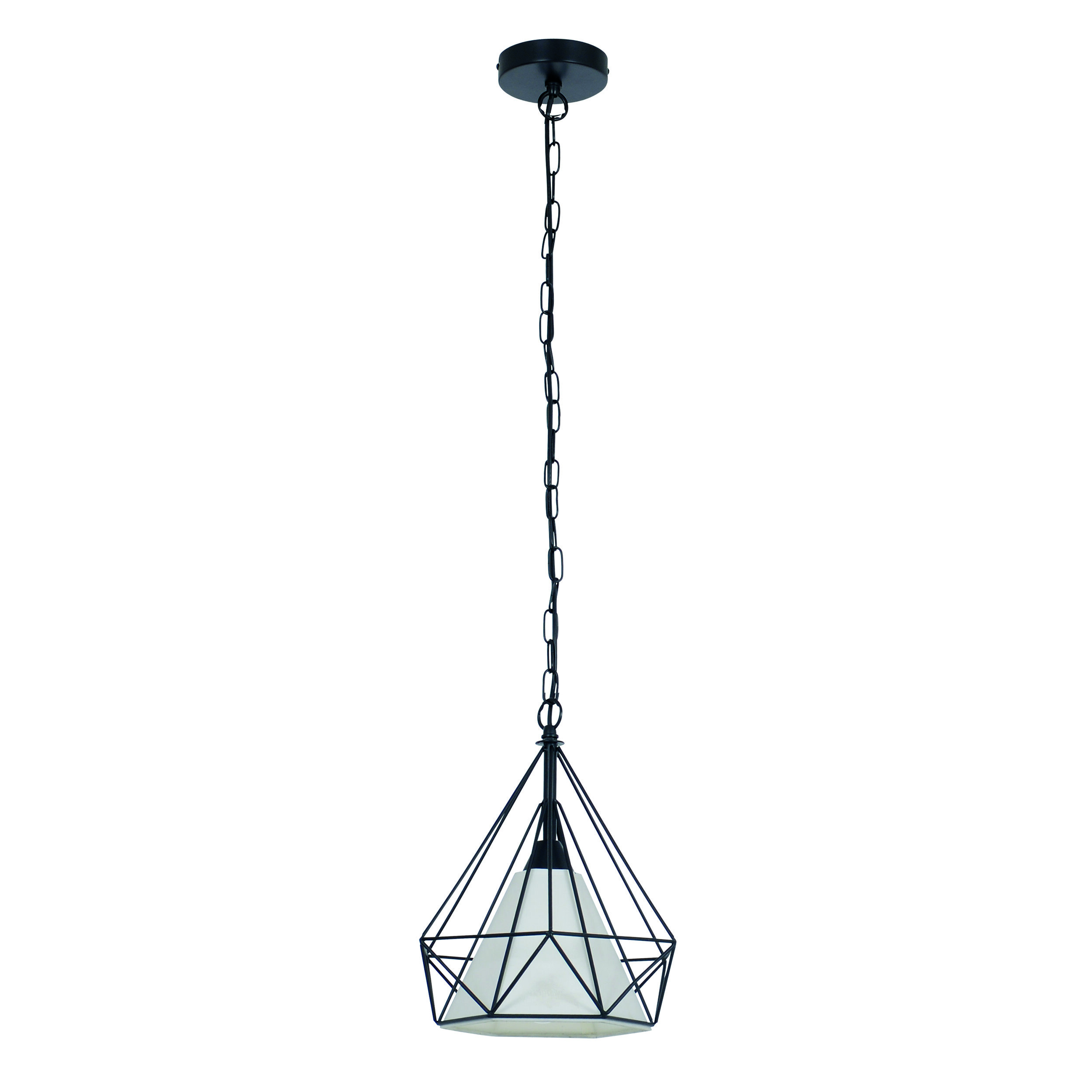 Schwarze geometrische Pendelleuchte mit weißem Innenraum, hängend an einer schwarzen Kette. Weißer Hintergrund.