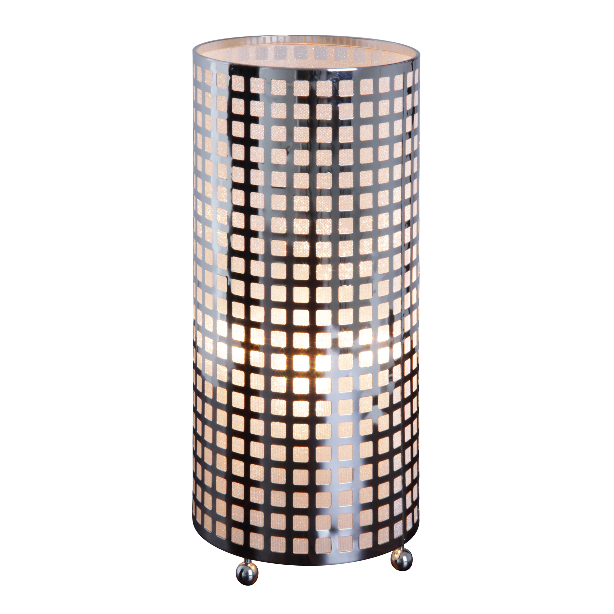Eine silberne Lampe mit quadratischem Muster und weißem Hintergrund.