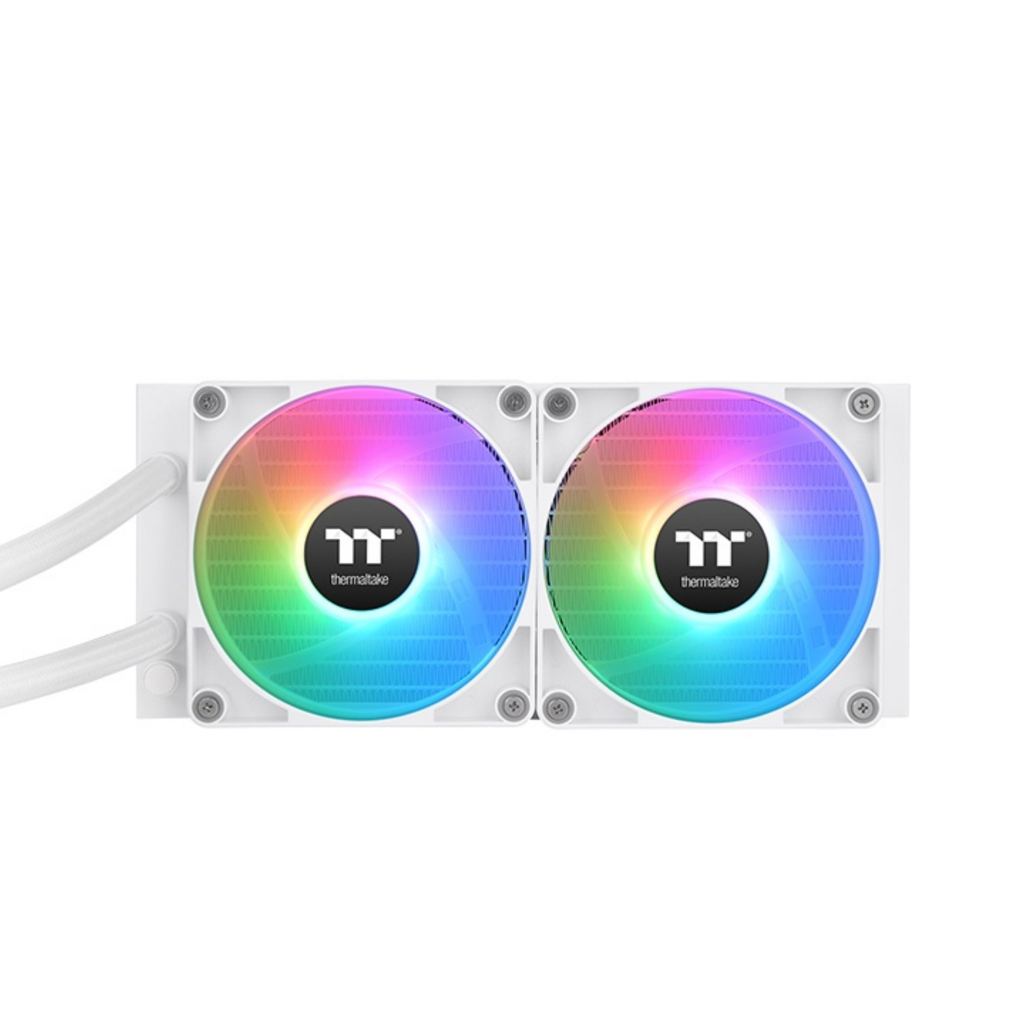 Twee ronde ventilatoren met regenbooglichten, gemonteerd op een wit frame. Witte achtergrond.