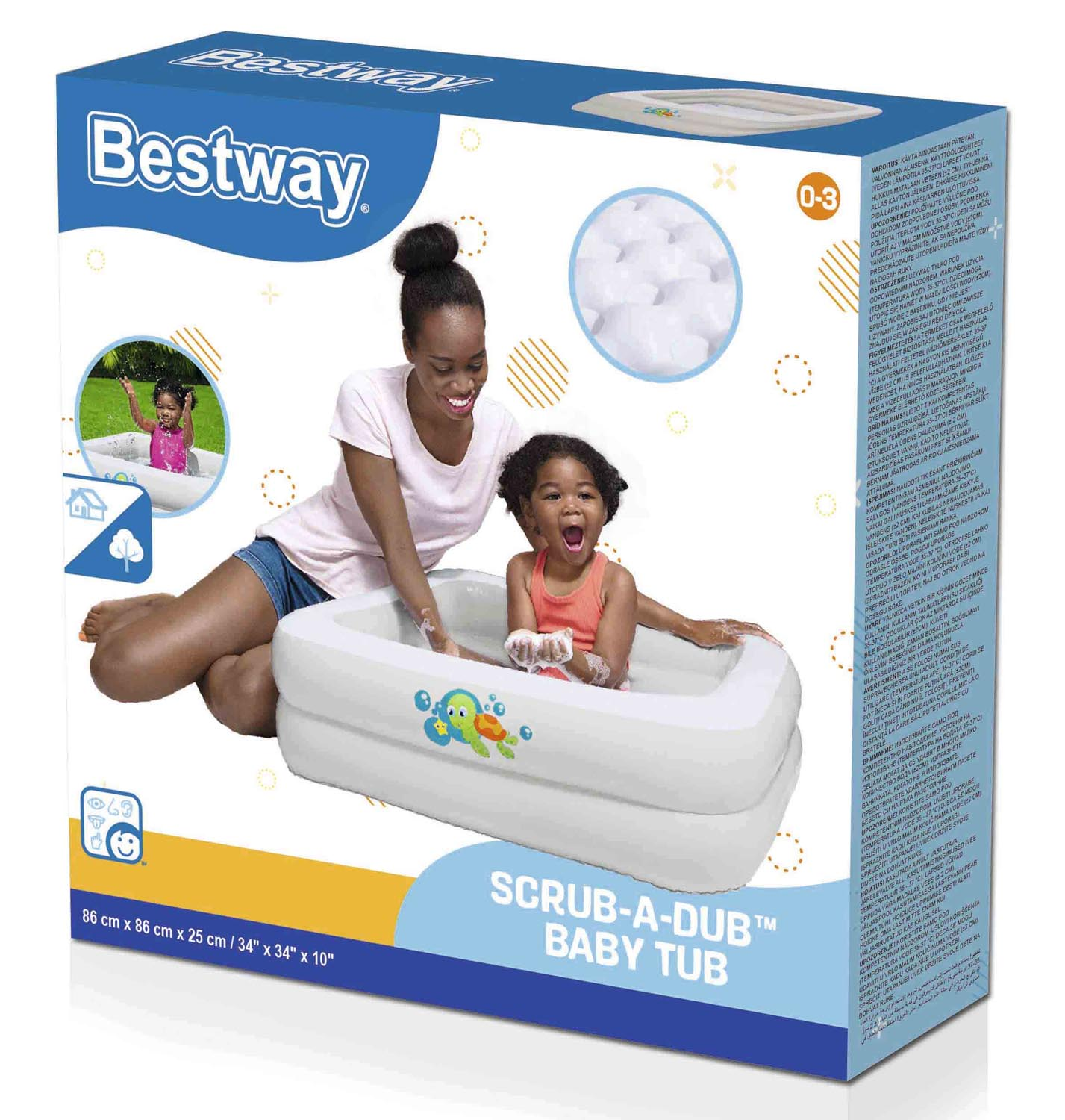 Box mit Babywanne. Frau und Baby lächeln in der Wanne. Text: Scrub-A-Dub.