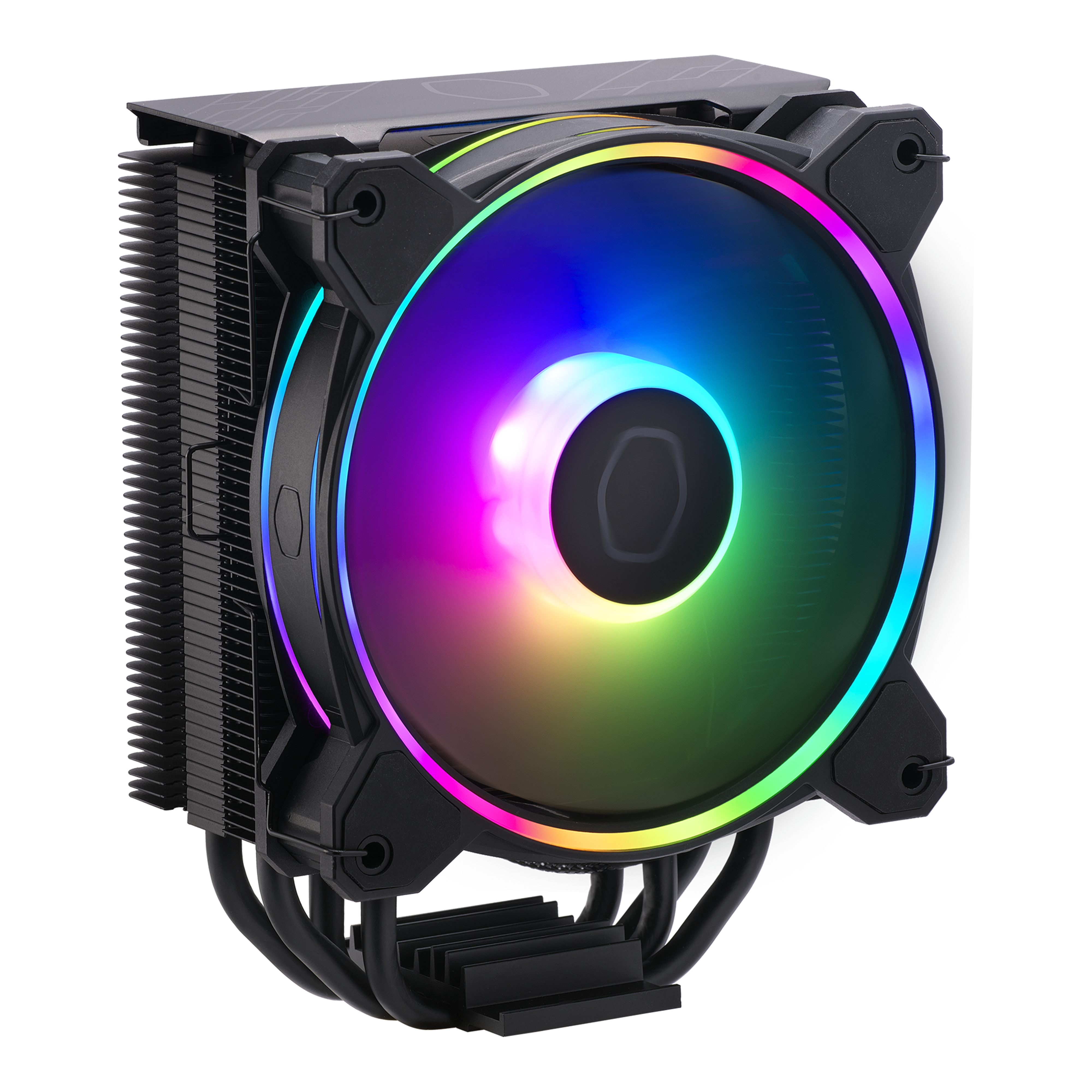 Siyah çerçeveli ve renkli ışıklı fanlı CPU soğutucu. Siyah borular ve soğutucu.
