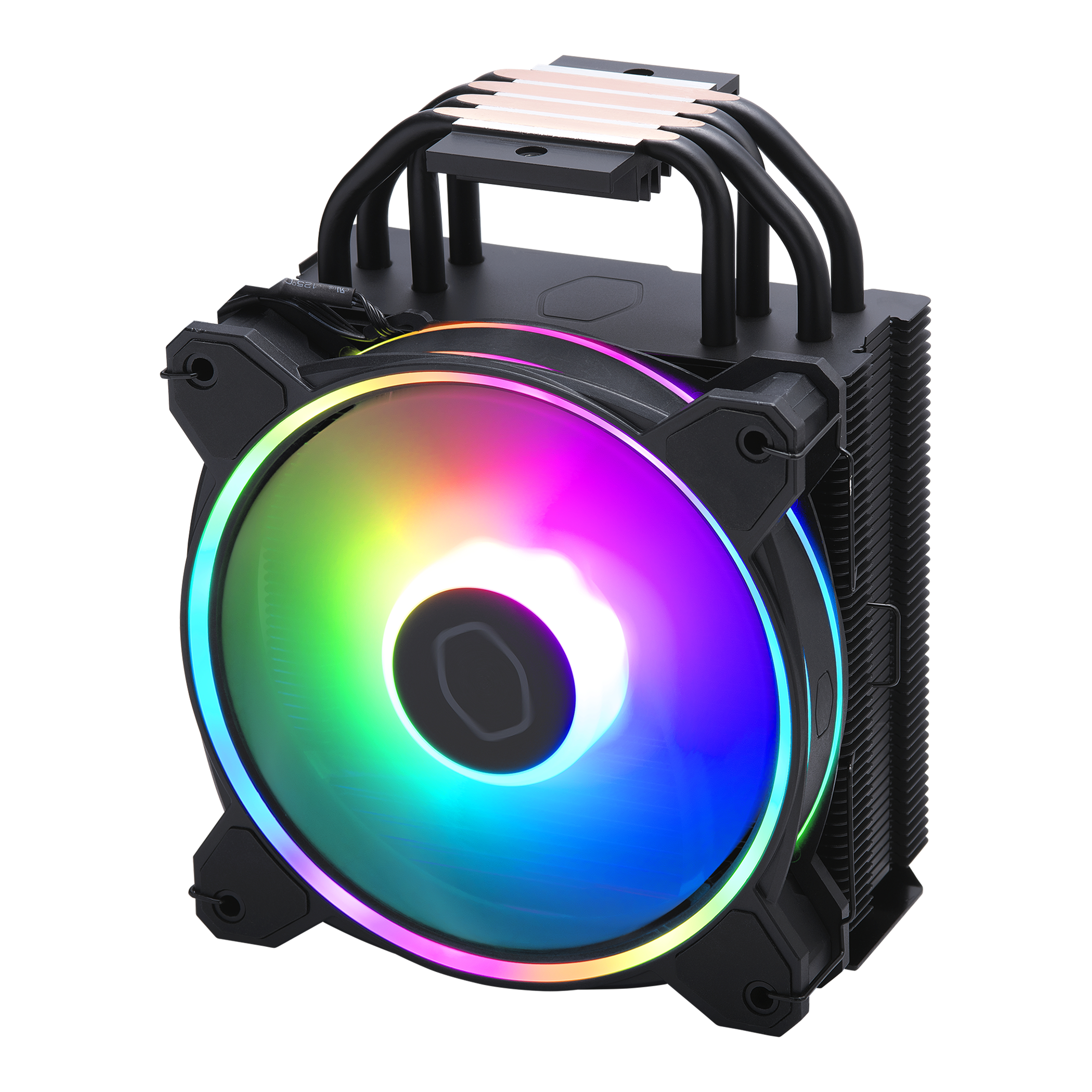 Siyah çerçeveli ve renkli ışıklı fanlı CPU soğutucu. Siyah borular ve soğutucu.