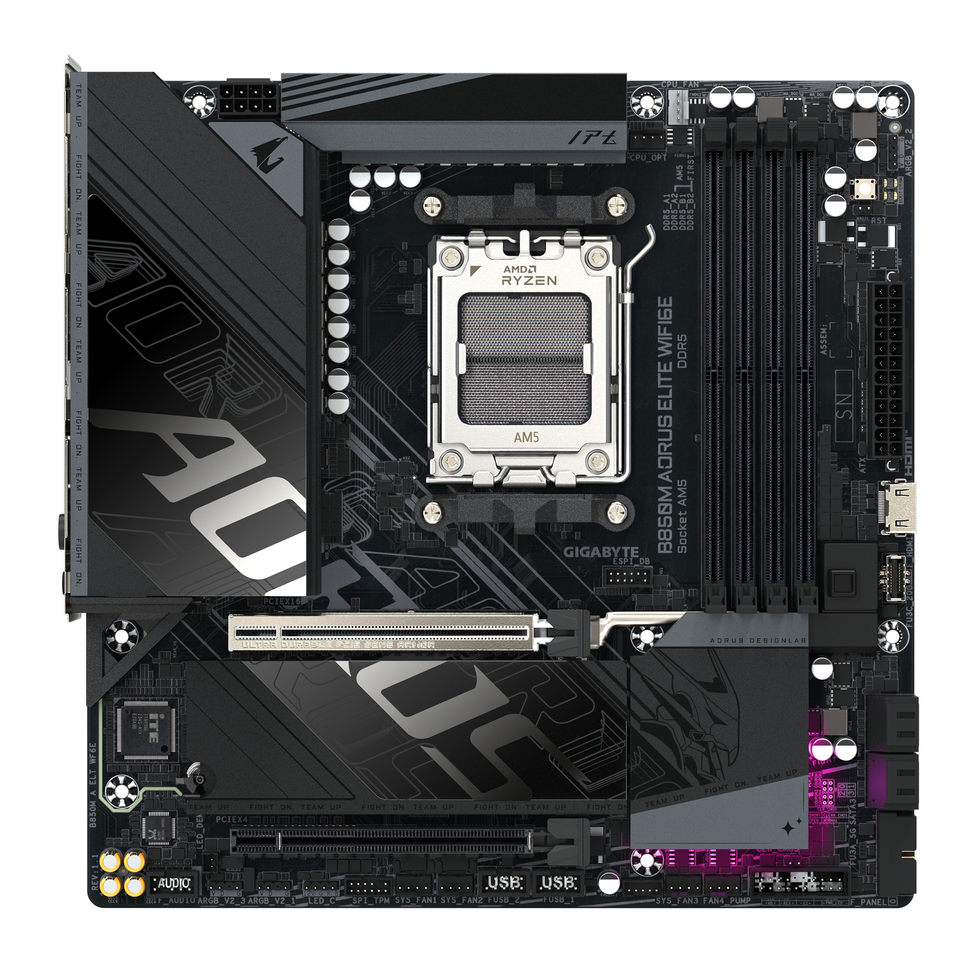 Black motherboard with many components, including a central processor socket. It has the AORUS logo.