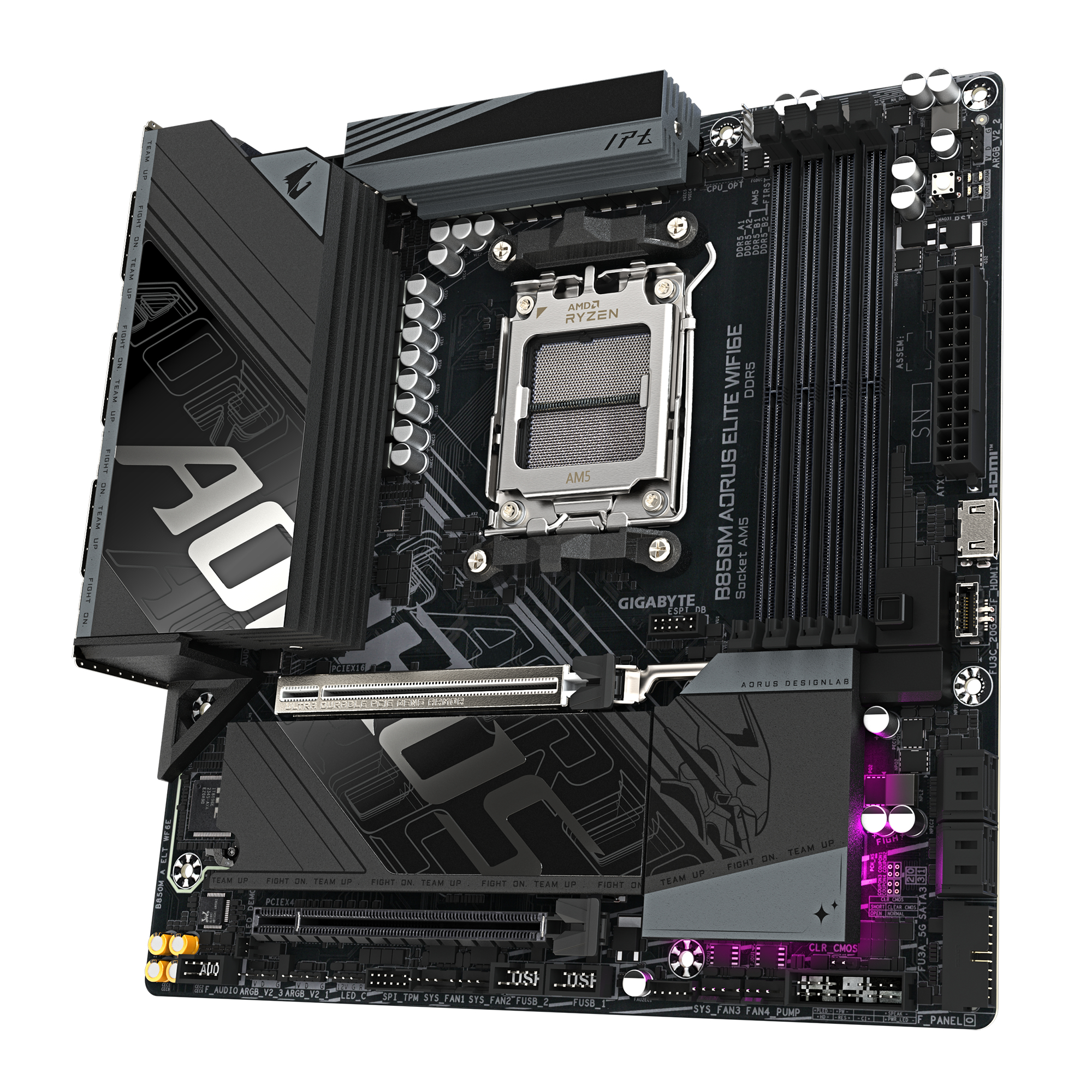 A black and gray Aorus motherboard with various components, including a CPU socket and slots, on a white surface.