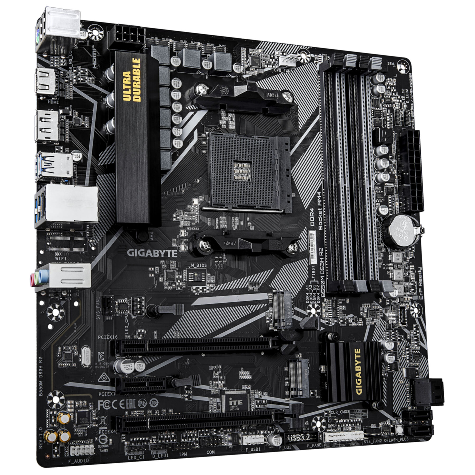 Ein schwarzes und graues Gigabyte-Motherboard mit verschiedenen Komponenten, einschließlich CPU-Sockel und Steckplätzen.