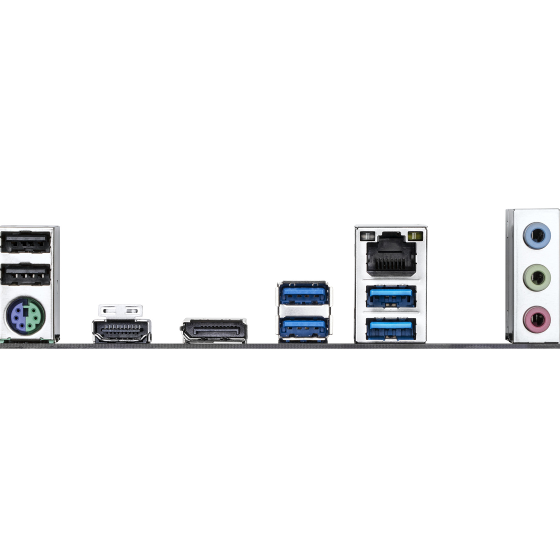 Eine Reihe verschiedener Motherboard-Anschlüsse und -Stecker mit blauen, roten und schwarzen Eingängen.
