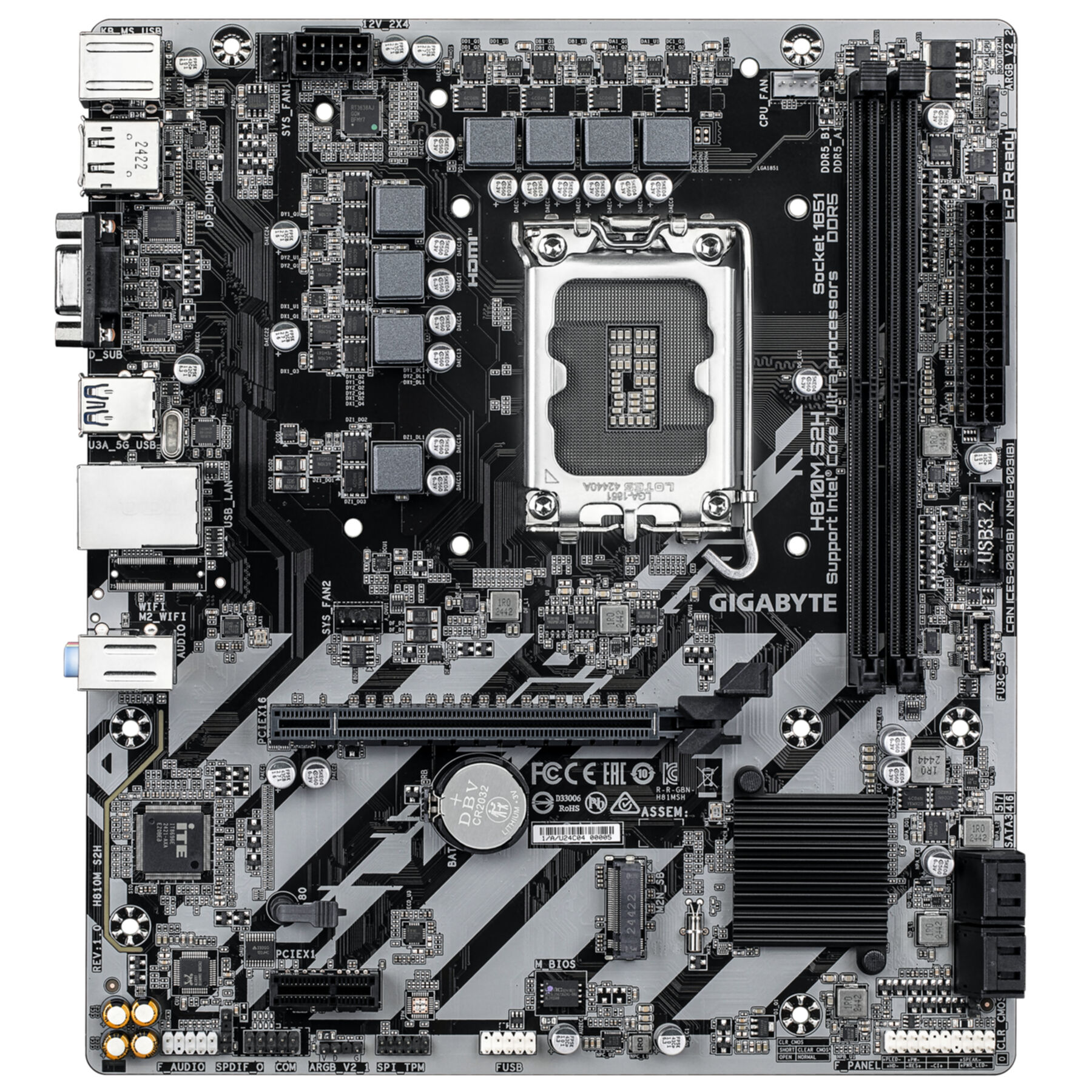 Vista cenital de una placa base Gigabyte H610M S2H, con varios componentes visibles.
