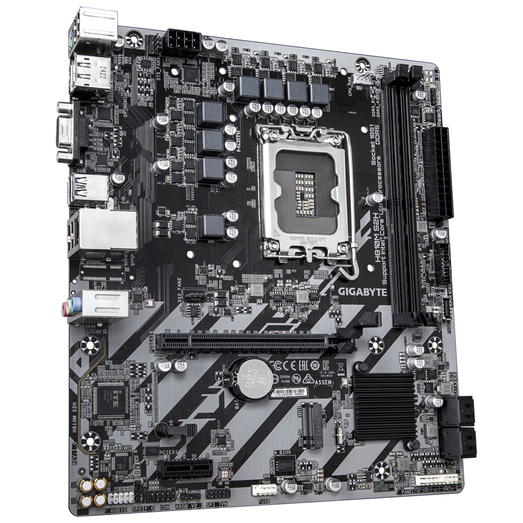 Vista cenital de una placa base Gigabyte H610M S2H, con varios componentes visibles.
