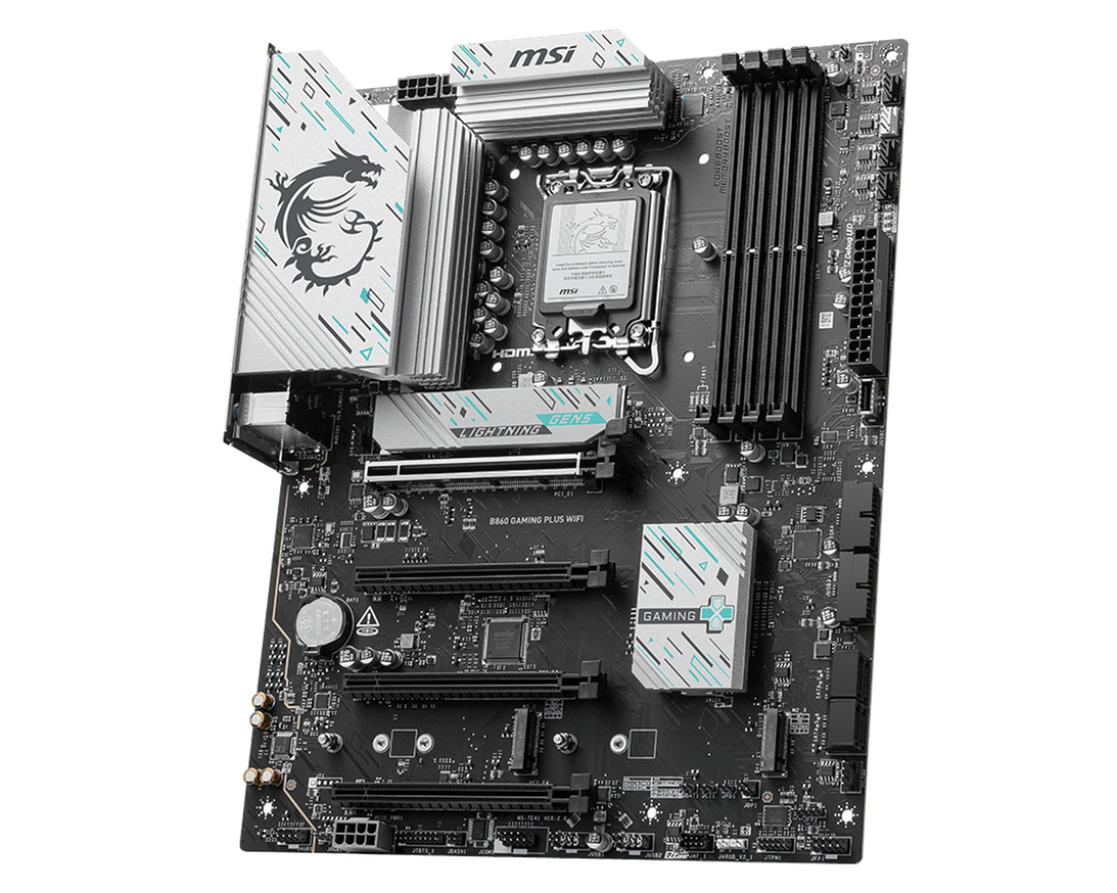 Płyta główna MSI B840 Gaming Plus WIFI. Czarny PCB z białymi akcentami. Zawiera radiator i logo gaming.