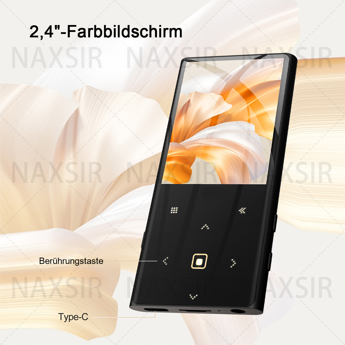 Schwarzer MP3-Player mit 2,4-Zoll-Farbbildschirm und Touch-Tasten.