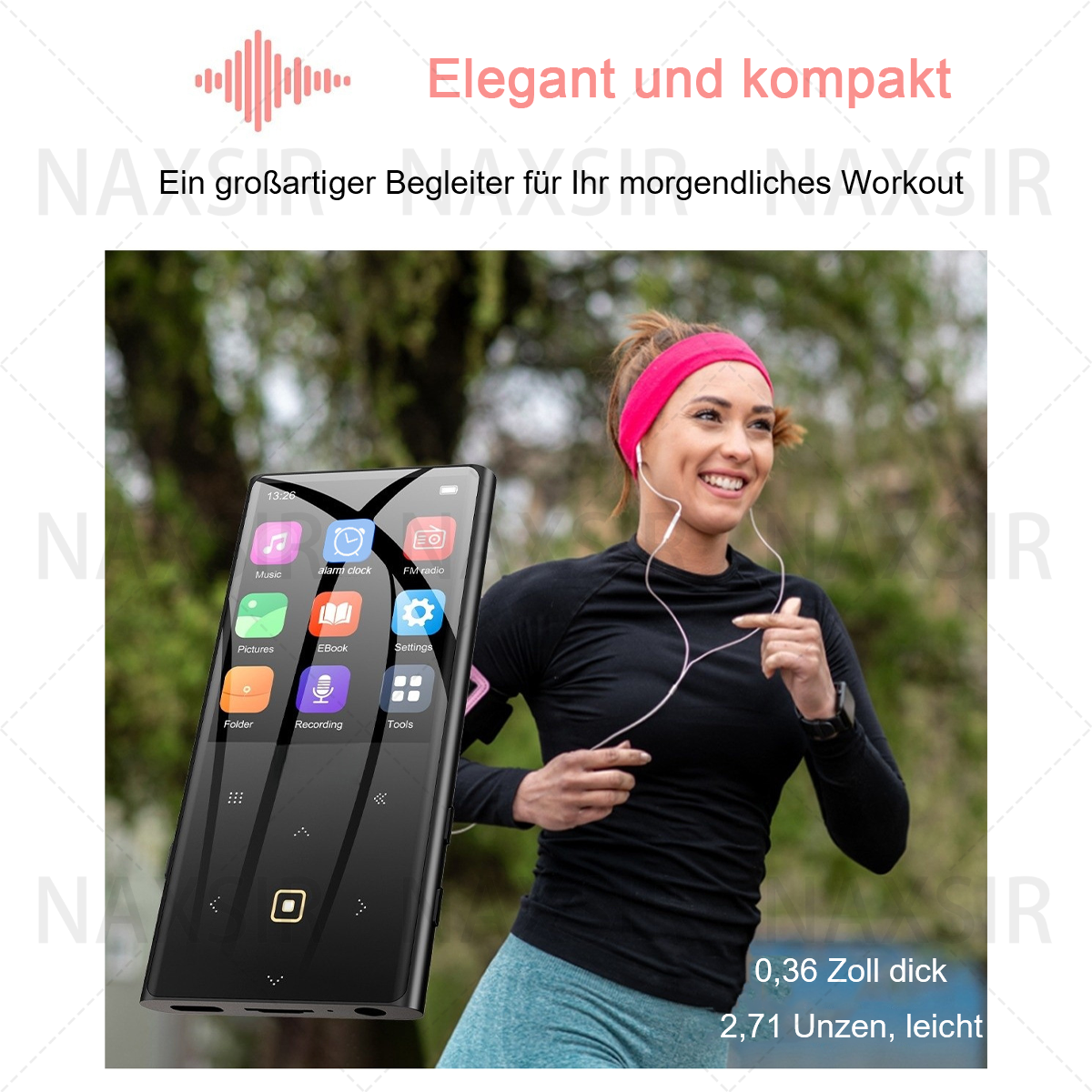 Eine laufende Frau mit MP3-Player. Sie hat ein pinkes Stirnband und pinke Ohrhörer.