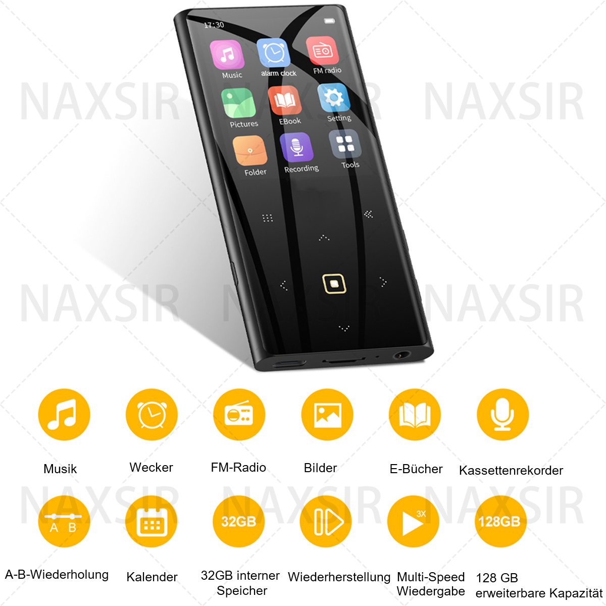 Ein schwarzer MP3-Player mit großem Bildschirm, der verschiedene App-Symbole und die Uhrzeit anzeigt.