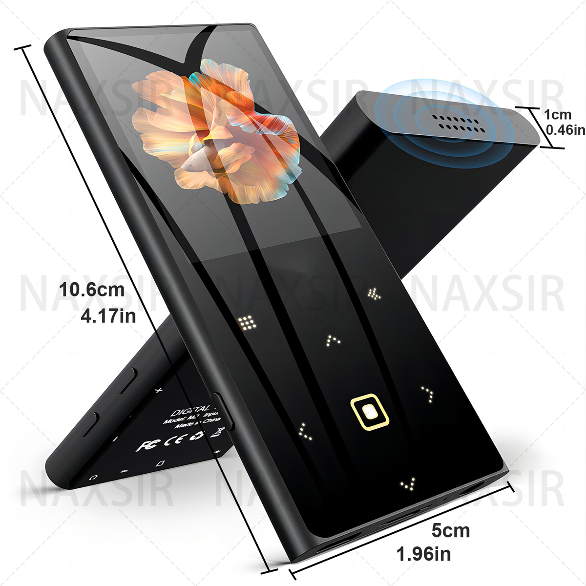 Schwarzer MP3-Player mit Fischbildschirm. Abmessungen: 10,6 cm x 5 cm x 1 cm.