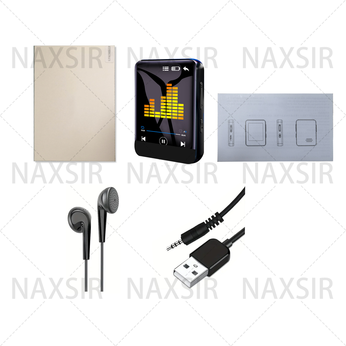 Un lettore MP3, cuffie, cavo e un taccuino su una superficie bianca.