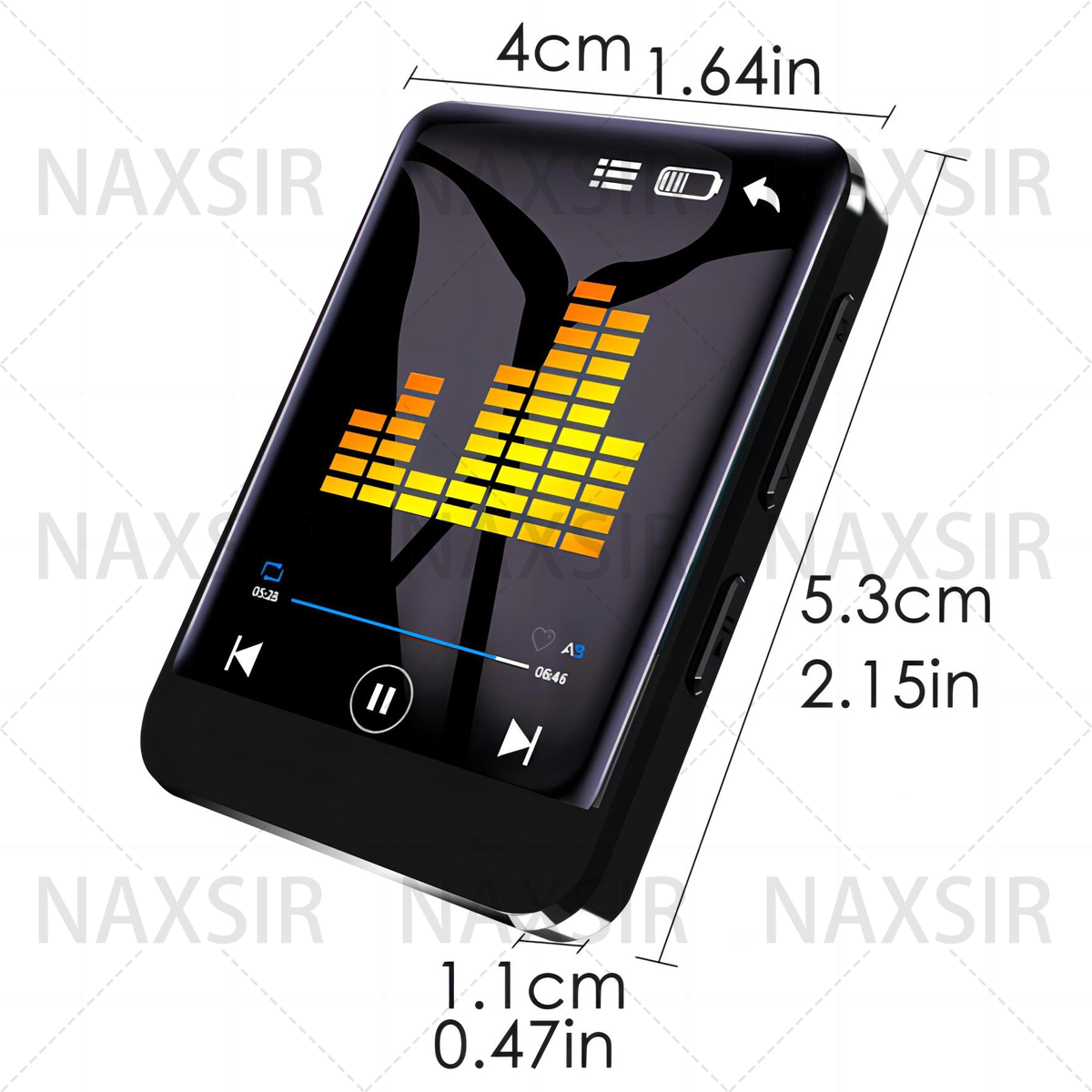 Lettore MP3 nero con schermo che mostra l'equalizzatore musicale. Vengono mostrate le dimensioni.