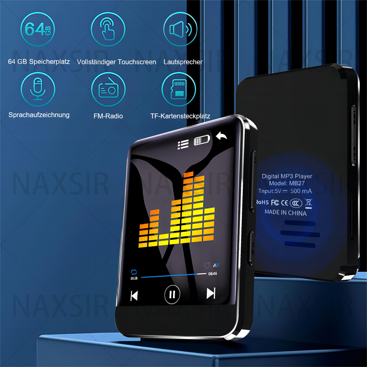 Un lettore MP3 nero con uno schermo che mostra controlli e icone, con un secondo lettore dietro.