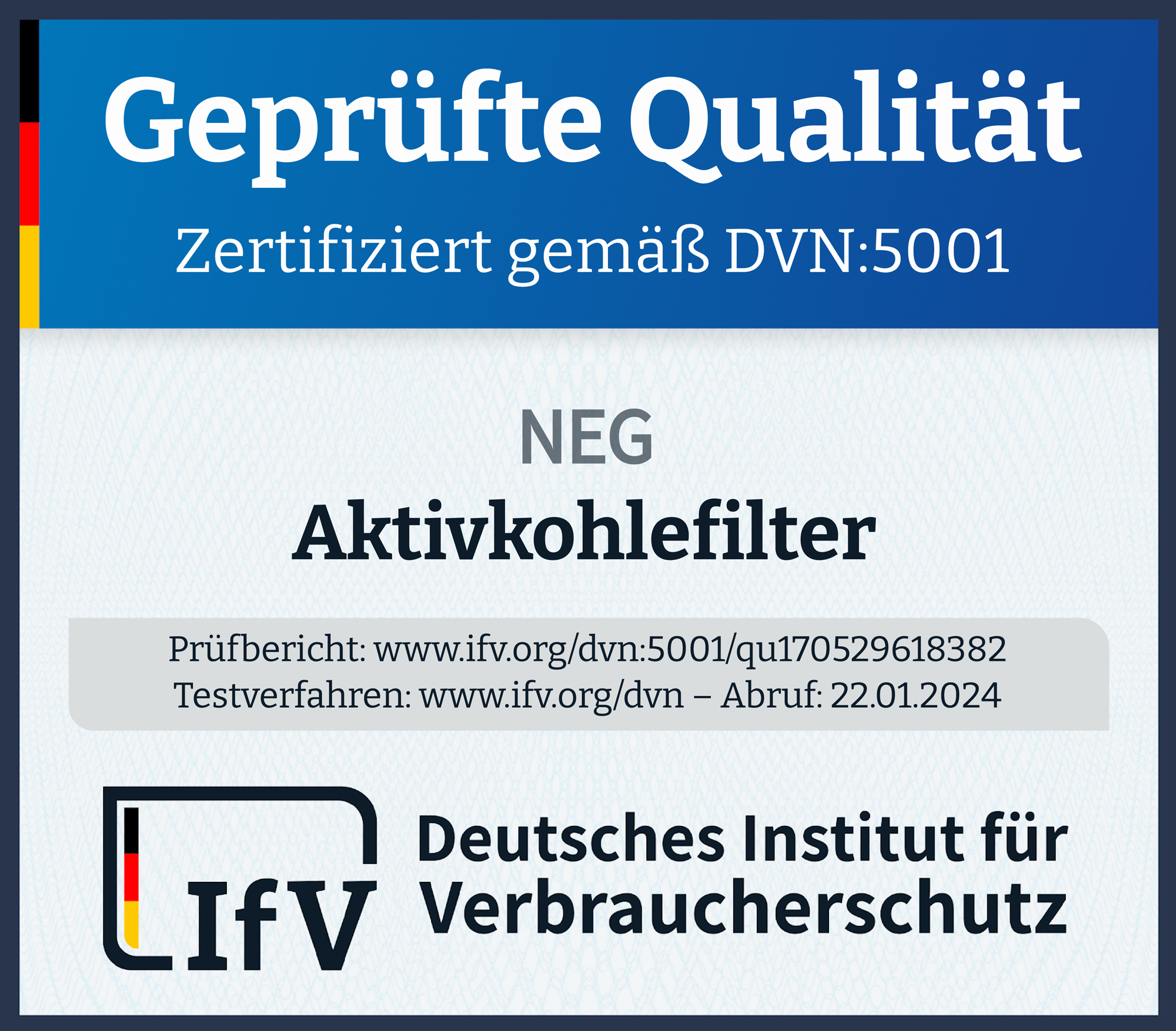 Ein weißes und schwarzes Papier mit deutschem Text und Logo. Es lautet „Geprüfte Qualität“ und „Aktivkohlefilter“.