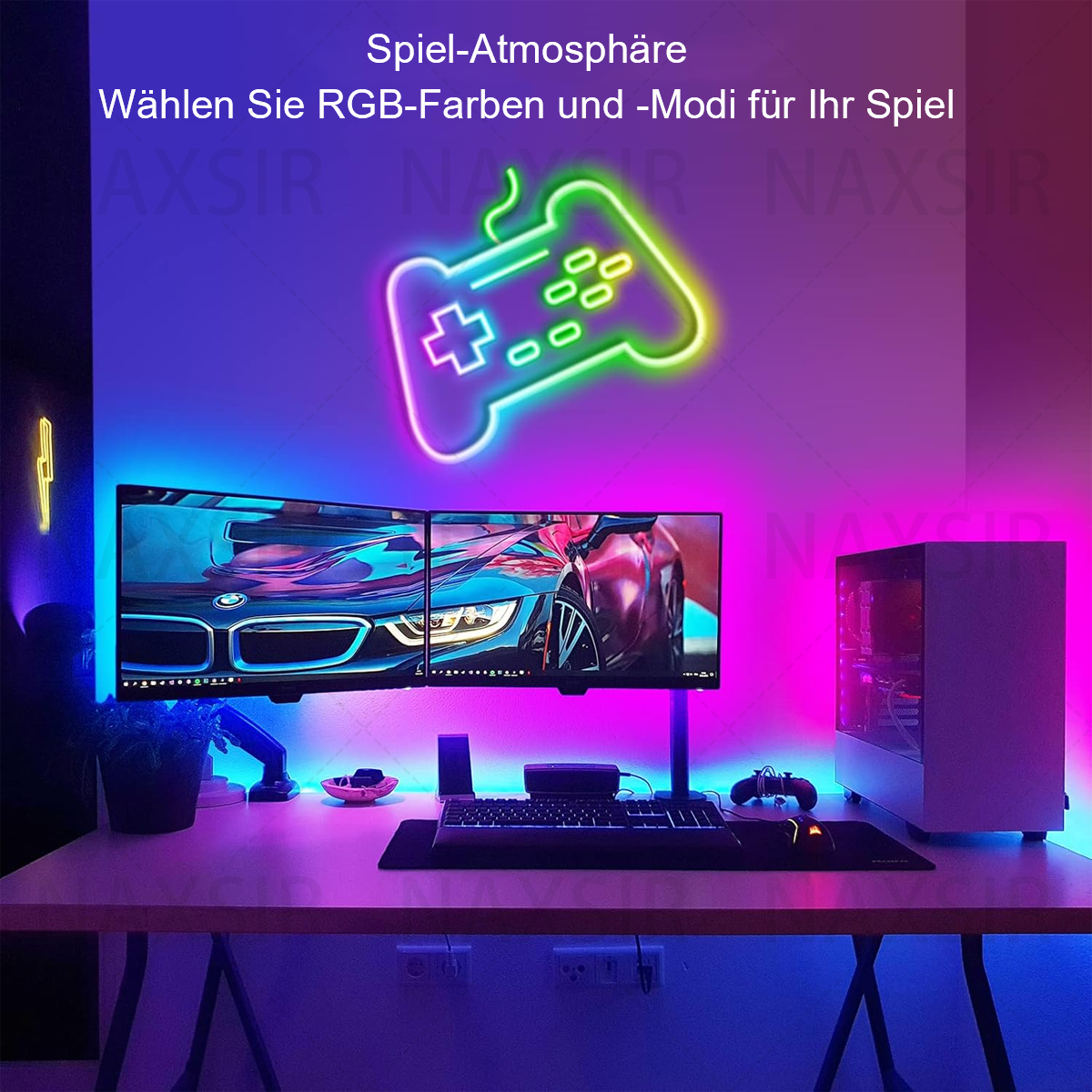 Ein Gaming-Setup mit zwei Monitoren, Tastatur und Computer. Neonlichter schaffen eine farbenfrohe Atmosphäre.