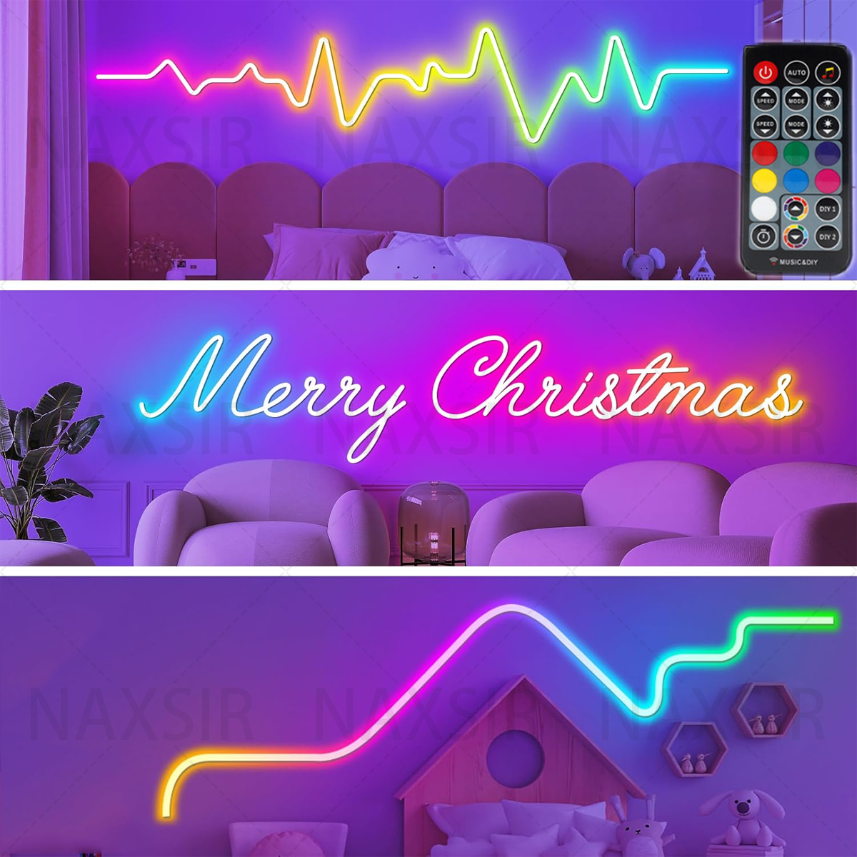 Neonlichter an einer Wand. Herzschlag, Frohe Weihnachten und Hausformen. Fernbedienung. Verschiedene Farben.