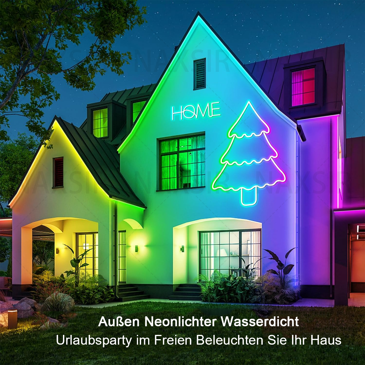 Ein Haus bei Nacht mit Neonlichtern, einer Weihnachtsbaumform und dem Wort „HOME“ auf der Fassade beleuchtet.