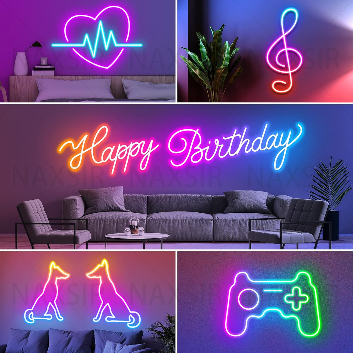 Collage von Neon-Schildern: Herzschlag, Musiknote, Happy Birthday, Hunde-Silhouetten, Game Controller.