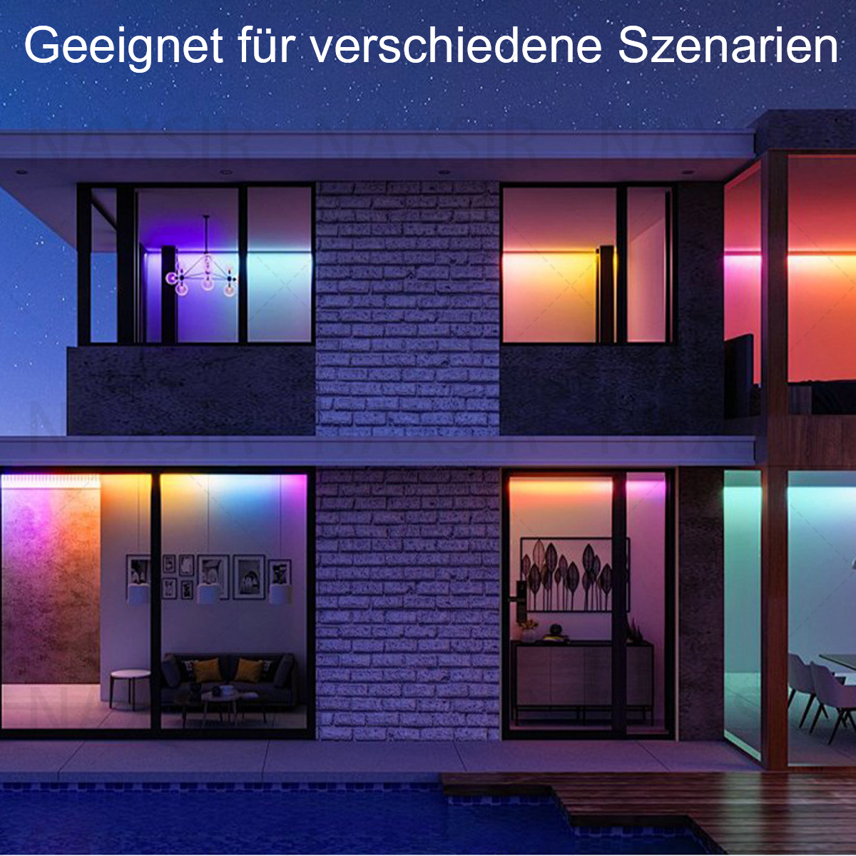 Ein Haus mit Neonlichtern. Verschiedene Farben dekorieren Fenster und Kanten. Ein Pool darunter.