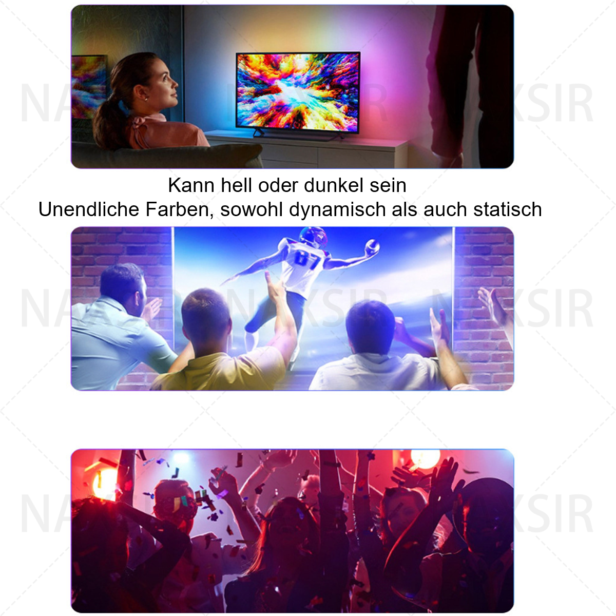 Drei Bilder. Eines zeigt eine Frau, die einen Farbwechsel-TV betrachtet. Ein anderes zeigt Leute, die ein Spiel sehen. Die letzte, eine Party.