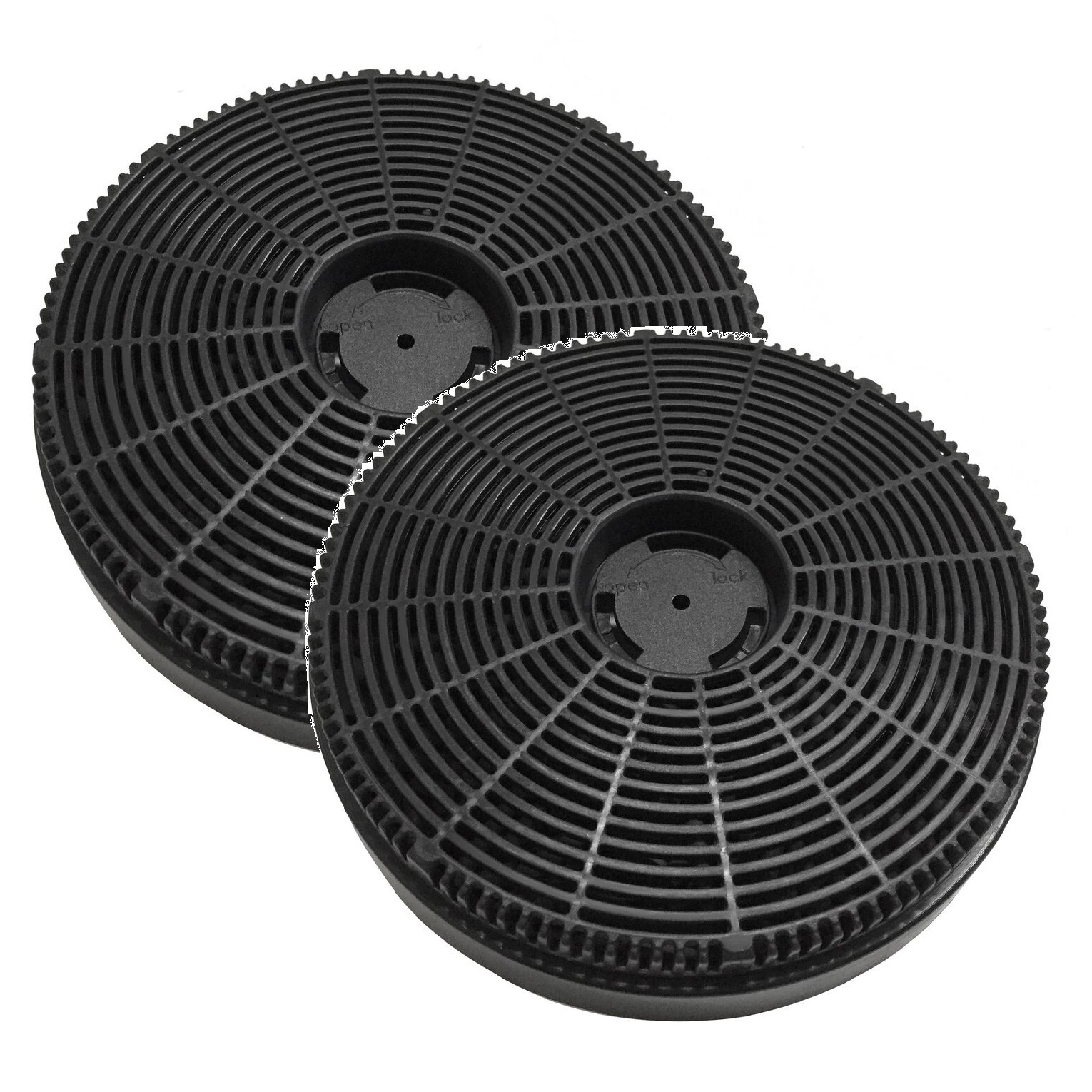Zwei kreisförmige schwarze Filter. Sie bestehen aus einem netzartigen Material mit einem zentralen Verriegelungsmechanismus.