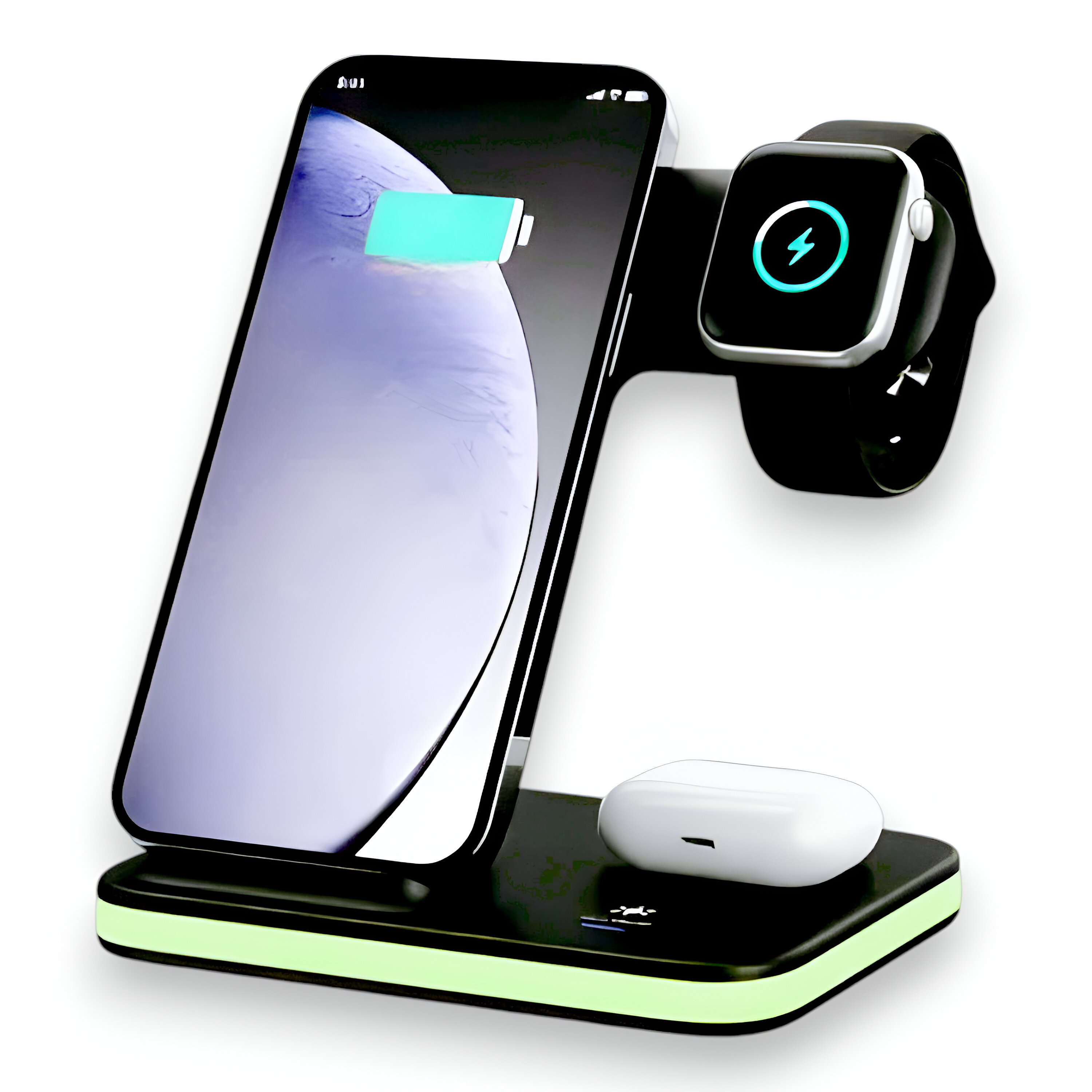 Un soporte de carga con un teléfono, un reloj inteligente y auriculares. El teléfono y el reloj muestran iconos de carga.