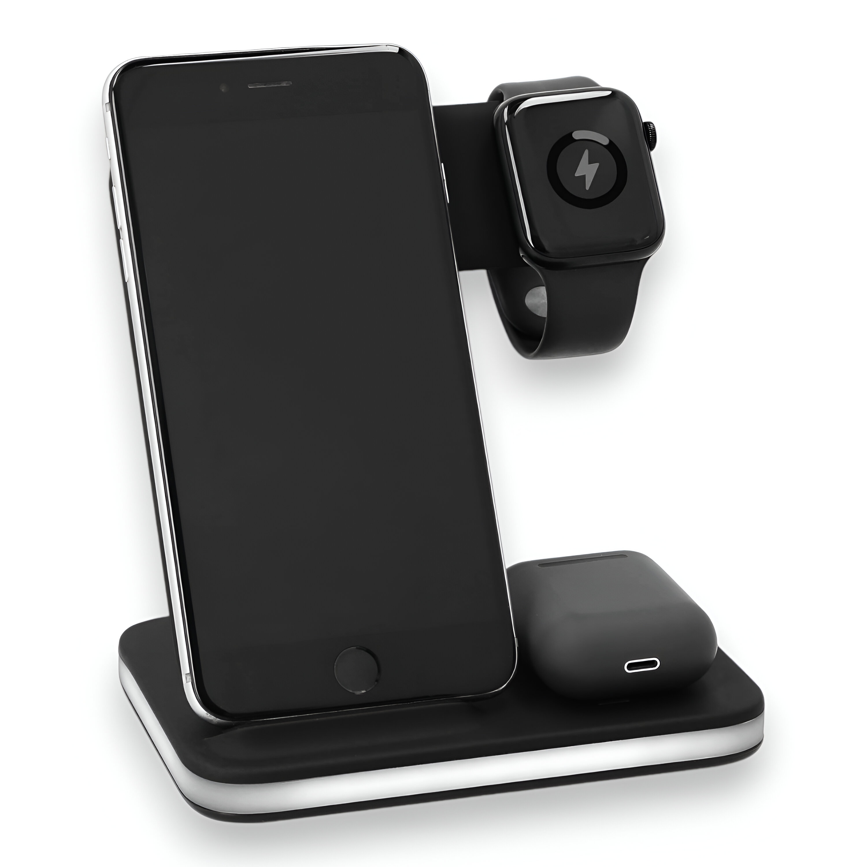 Un soporte de carga que sostiene un teléfono, un reloj y auriculares. Todos los dispositivos son negros.