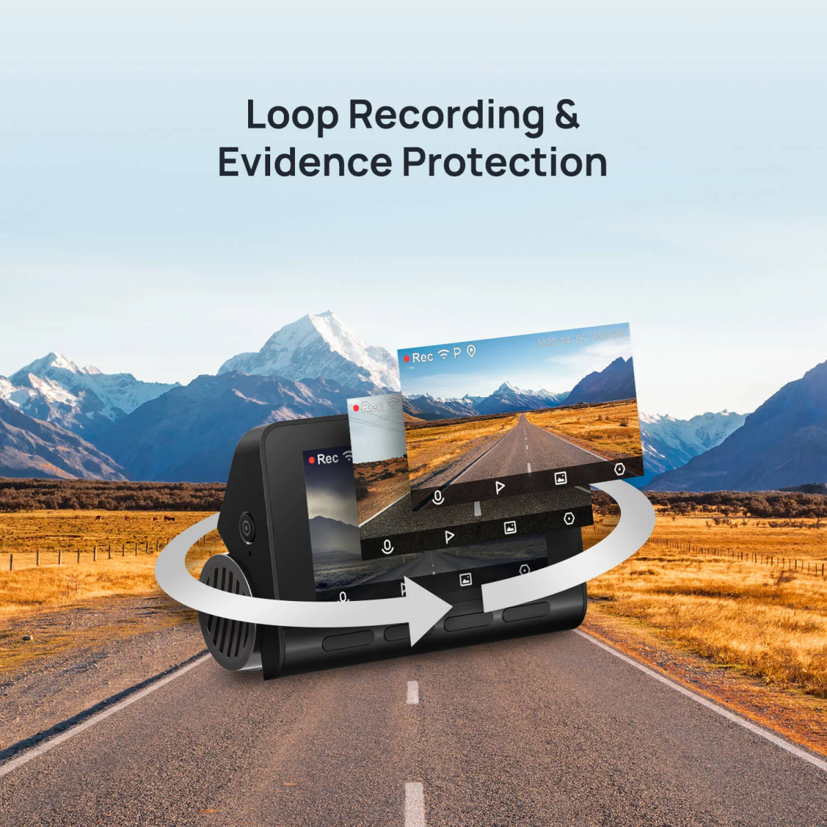 Dashcam che mostra riprese stradali e vari display. Lo sfondo presenta montagne.