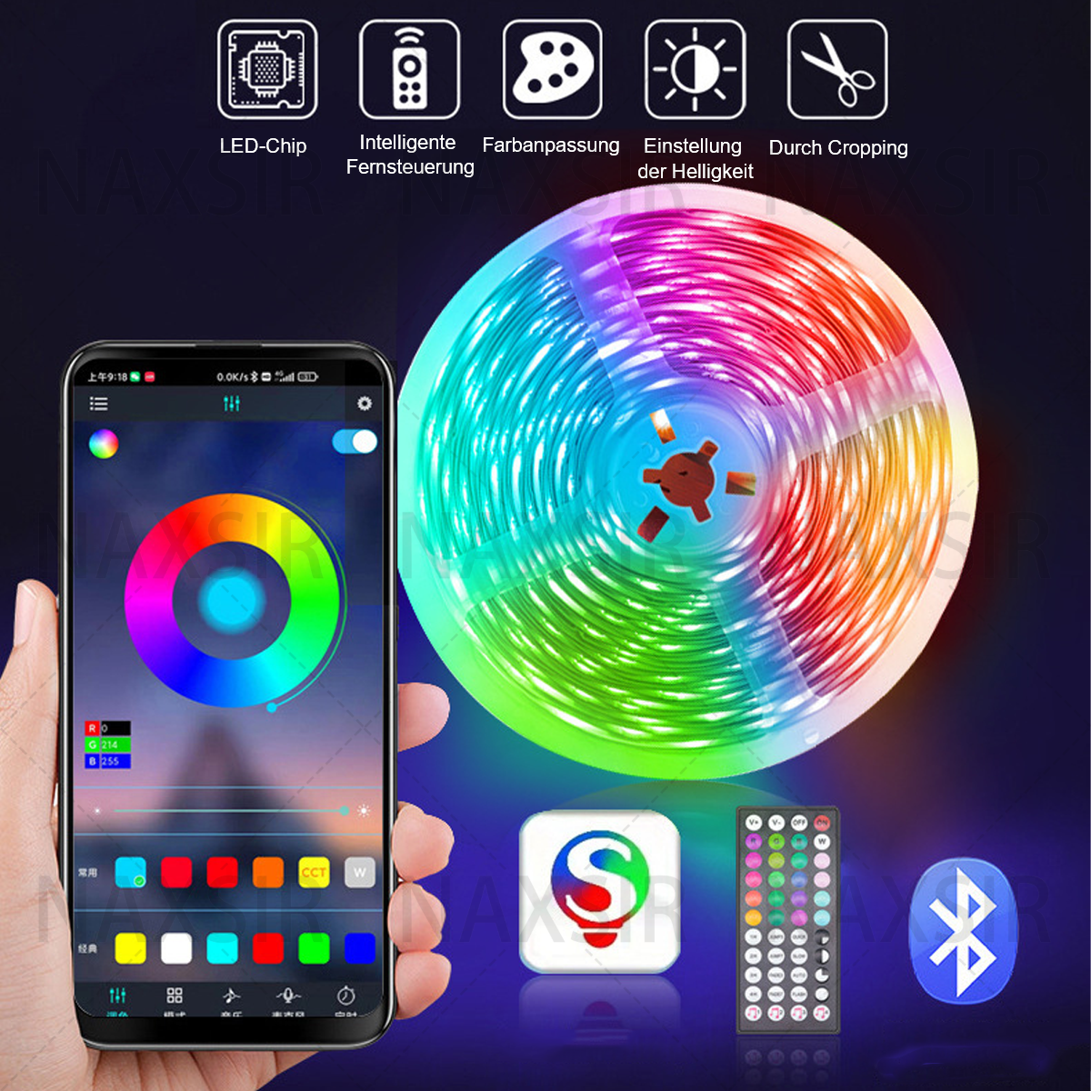 Hand, die ein Telefon mit einem Farbrad hält. Eine Fernbedienung und ein LED-Streifen werden angezeigt.