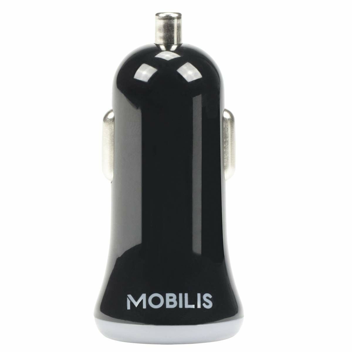 Cargador de coche Mobilis negro con anillo inferior blanco, sobre fondo blanco. Marca visible.