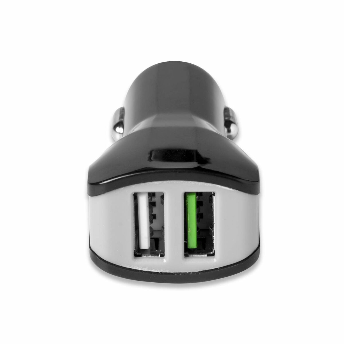 Schwarzes Autoladegerät mit zwei USB-Anschlüssen, weiß und grün, auf weißem Hintergrund.