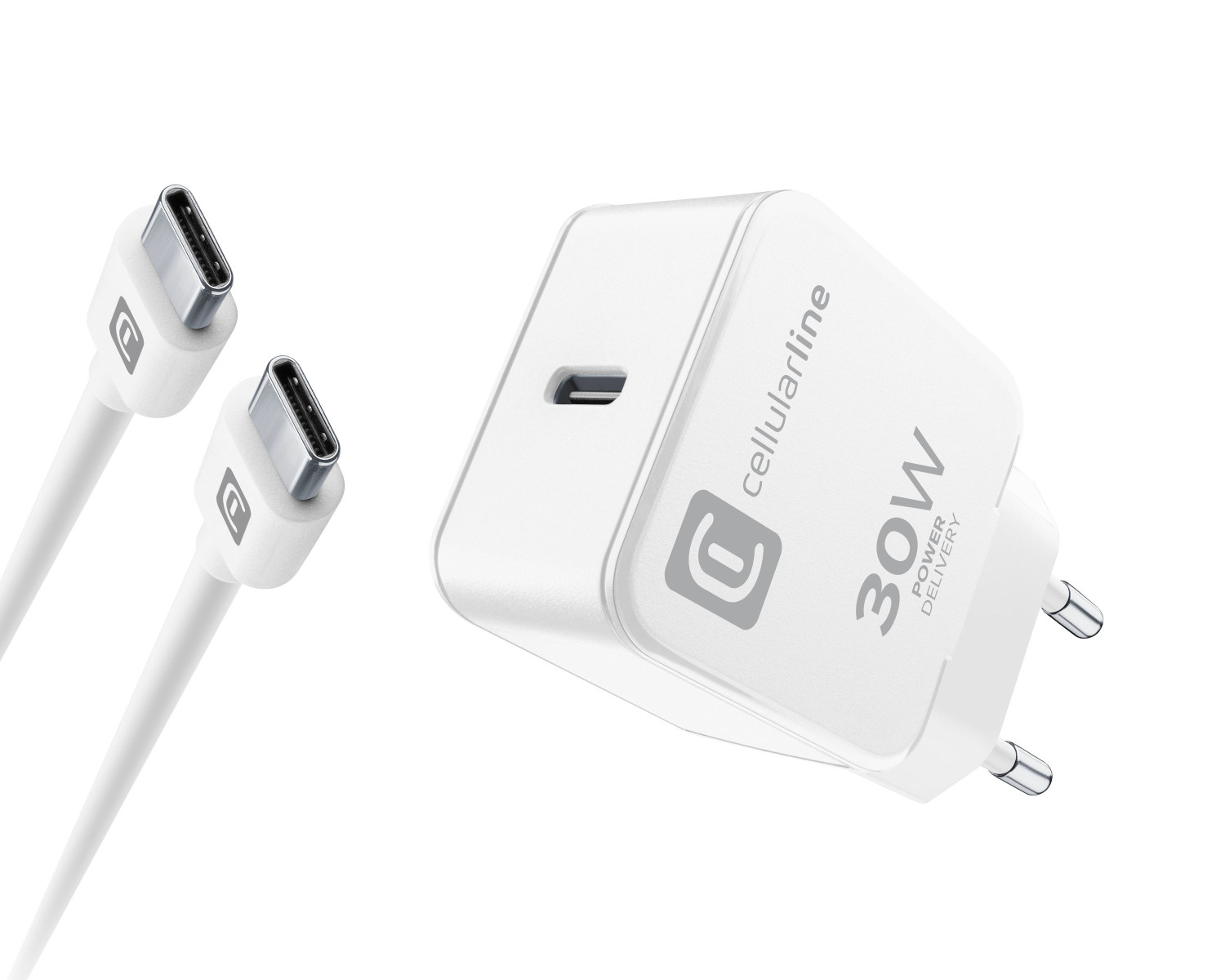 Weißes cellularline-Ladegerät und zwei weiße USB-C-Kabel. Das Ladegerät ist mit 30W Power Delivery beschriftet.