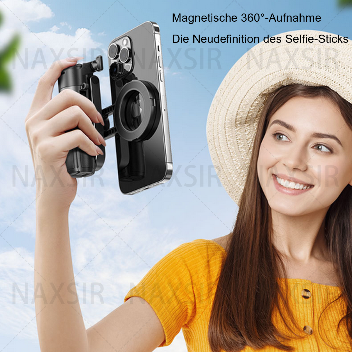 Eine Frau macht ein Selfie mit einem Telefon, das an einem Selfie-Stick mit Telefonhalterung und Ringlicht befestigt ist.