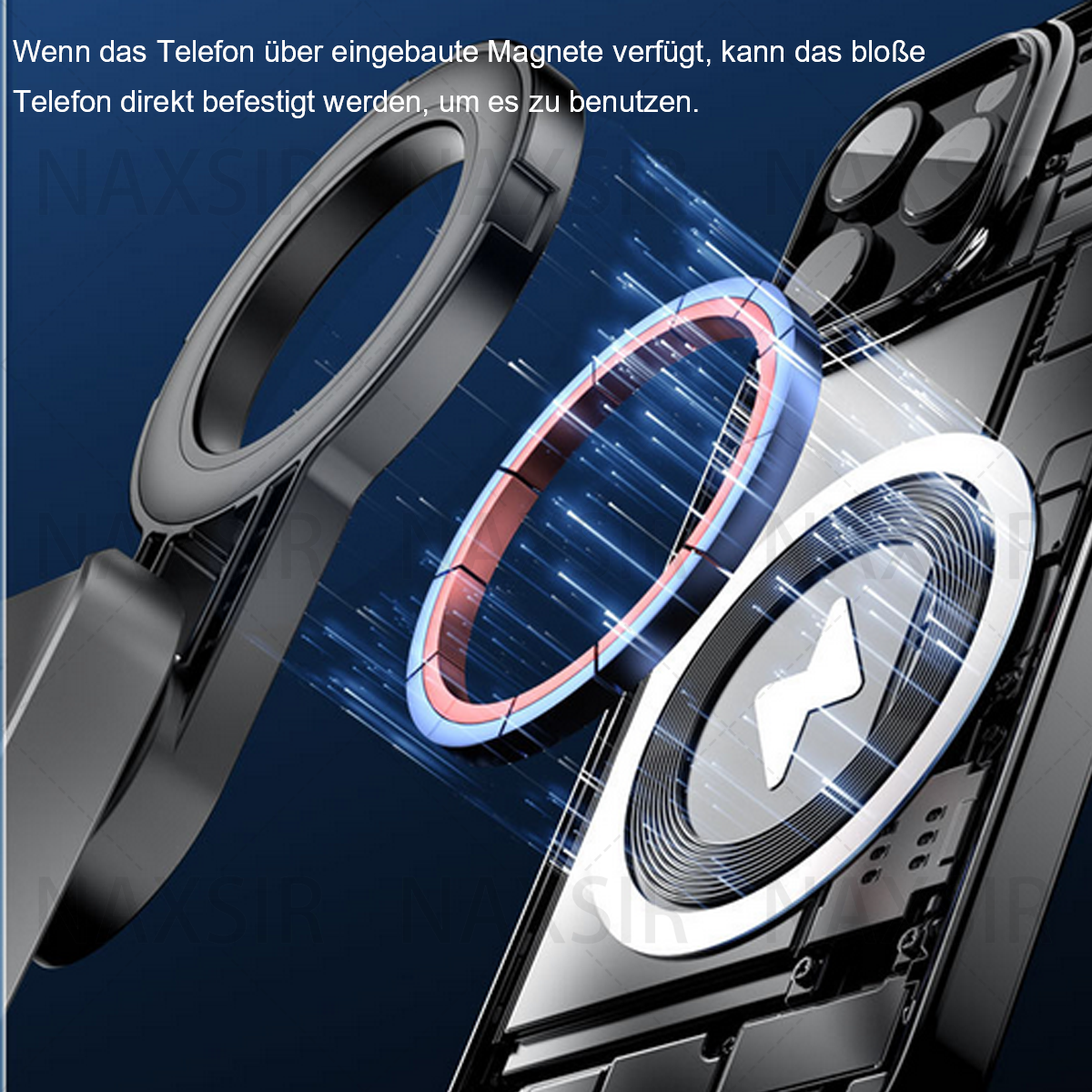 Nahaufnahme eines Telefons mit Magnetring und angeschlossenem Ladegerät.
