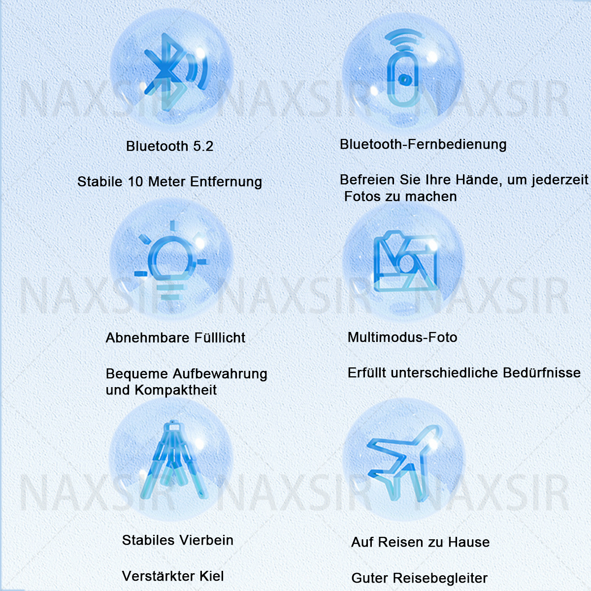 Symbole für Bluetooth, Fernbedienung, Licht, Fotomodus, Stativ und Reisen, alle in blauen Kugeln.
