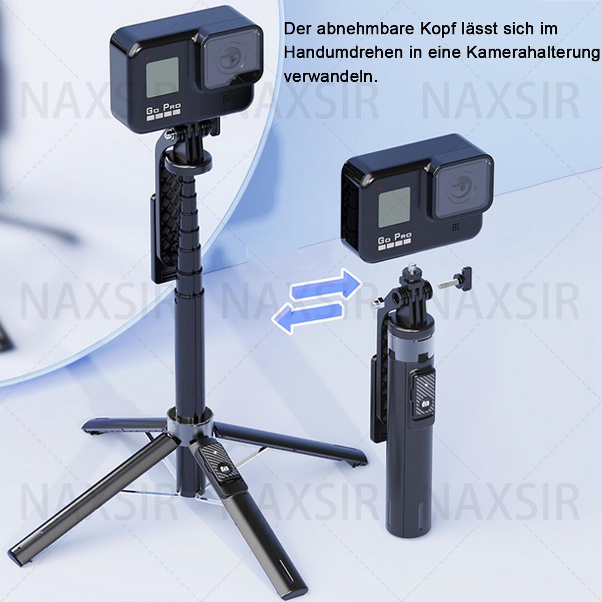 Zwei Kameras an einem Stativ, das in ein Handgerät umgewandelt werden kann.