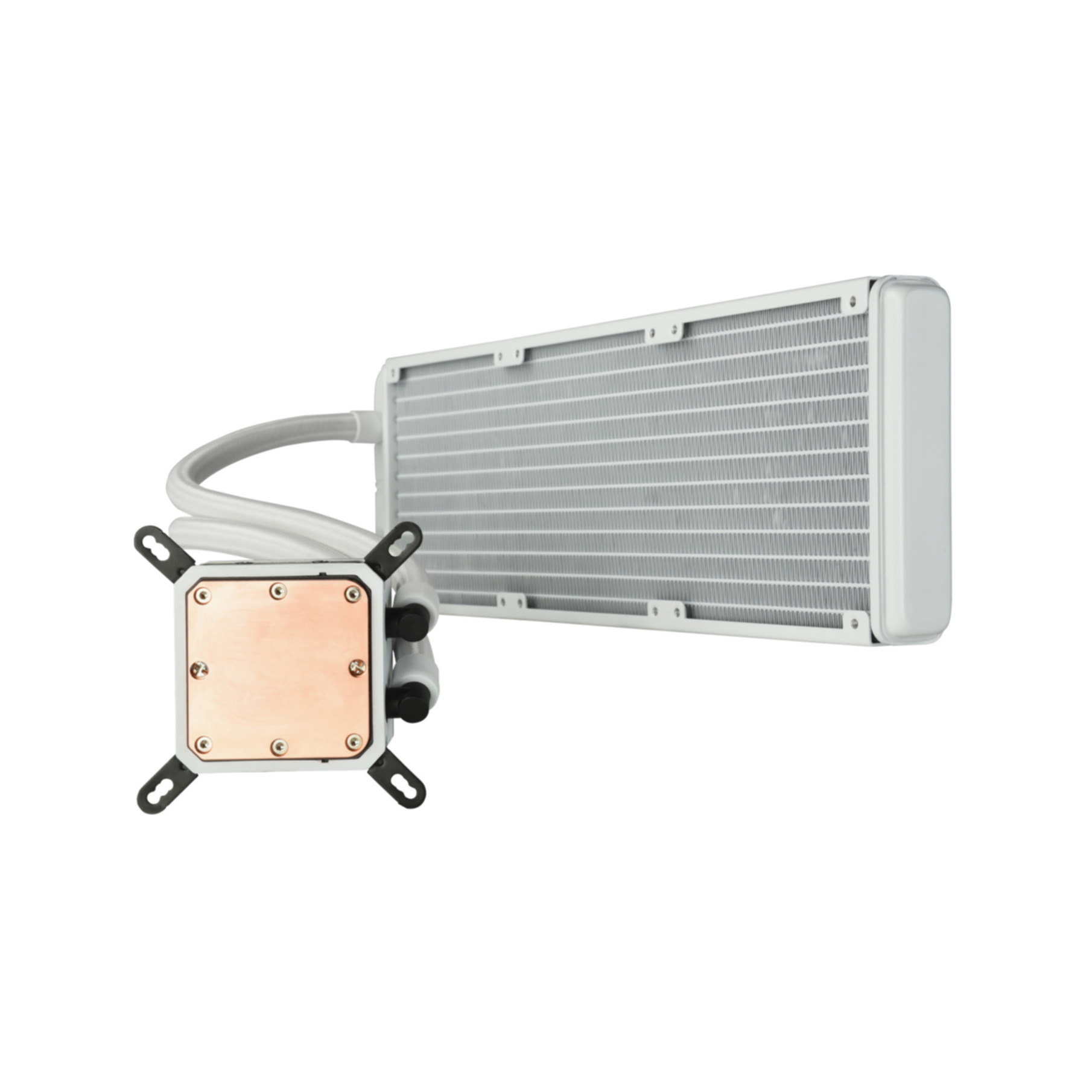 Ein Computerkühler mit Radiator und Wasserblock. Schläuche verbinden sie. Kupfer-Wasserblock und silberner Radiator.