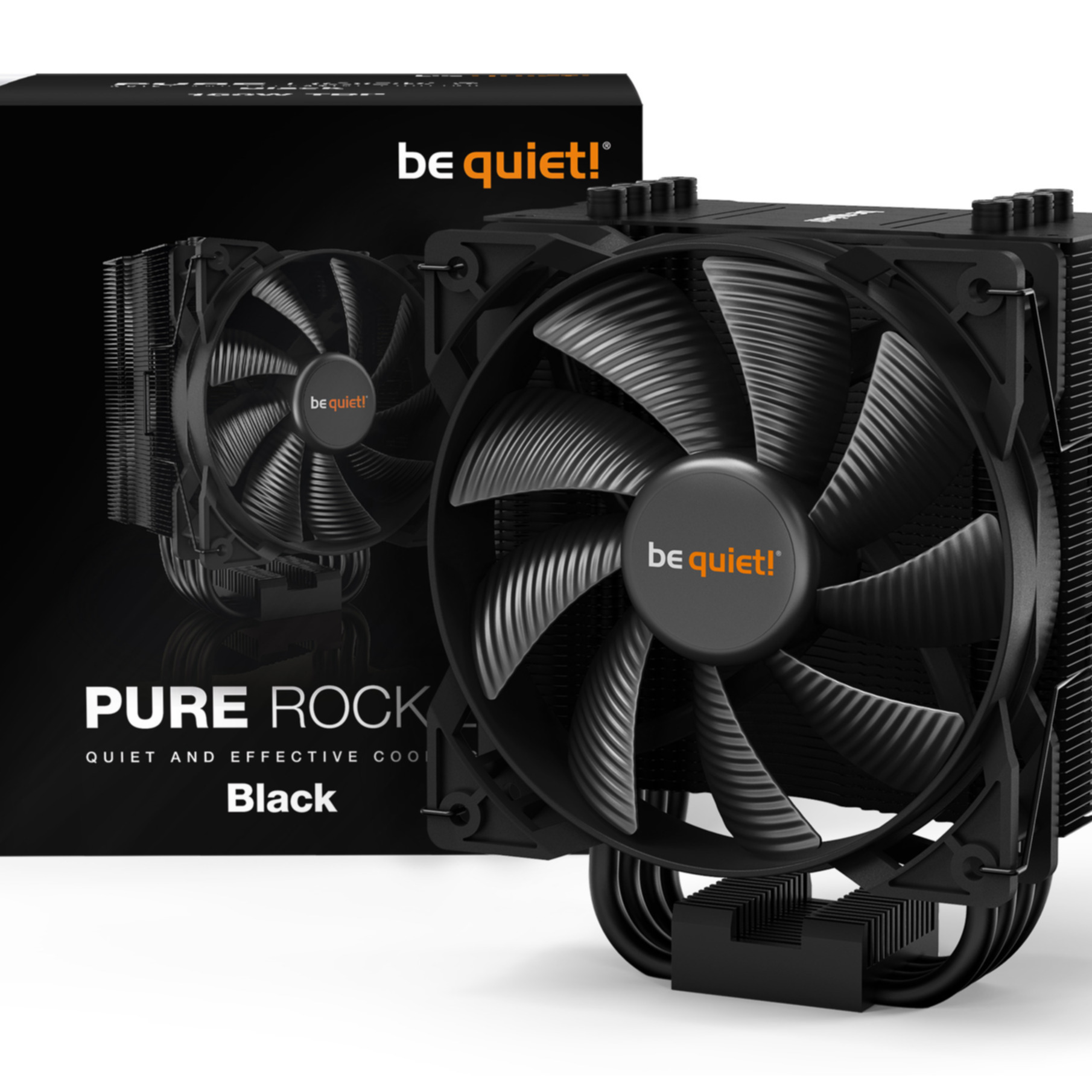 Dissipatore CPU nero con due ventole. La scatola e il dissipatore hanno il logo 'be quiet!' e 'PURE ROCK' stampato.