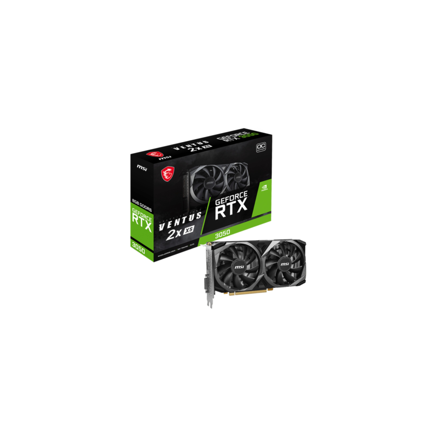 Una scatola con una scheda grafica MSI Ventus 2X XS GeForce RTX 3050 e una scheda grafica.