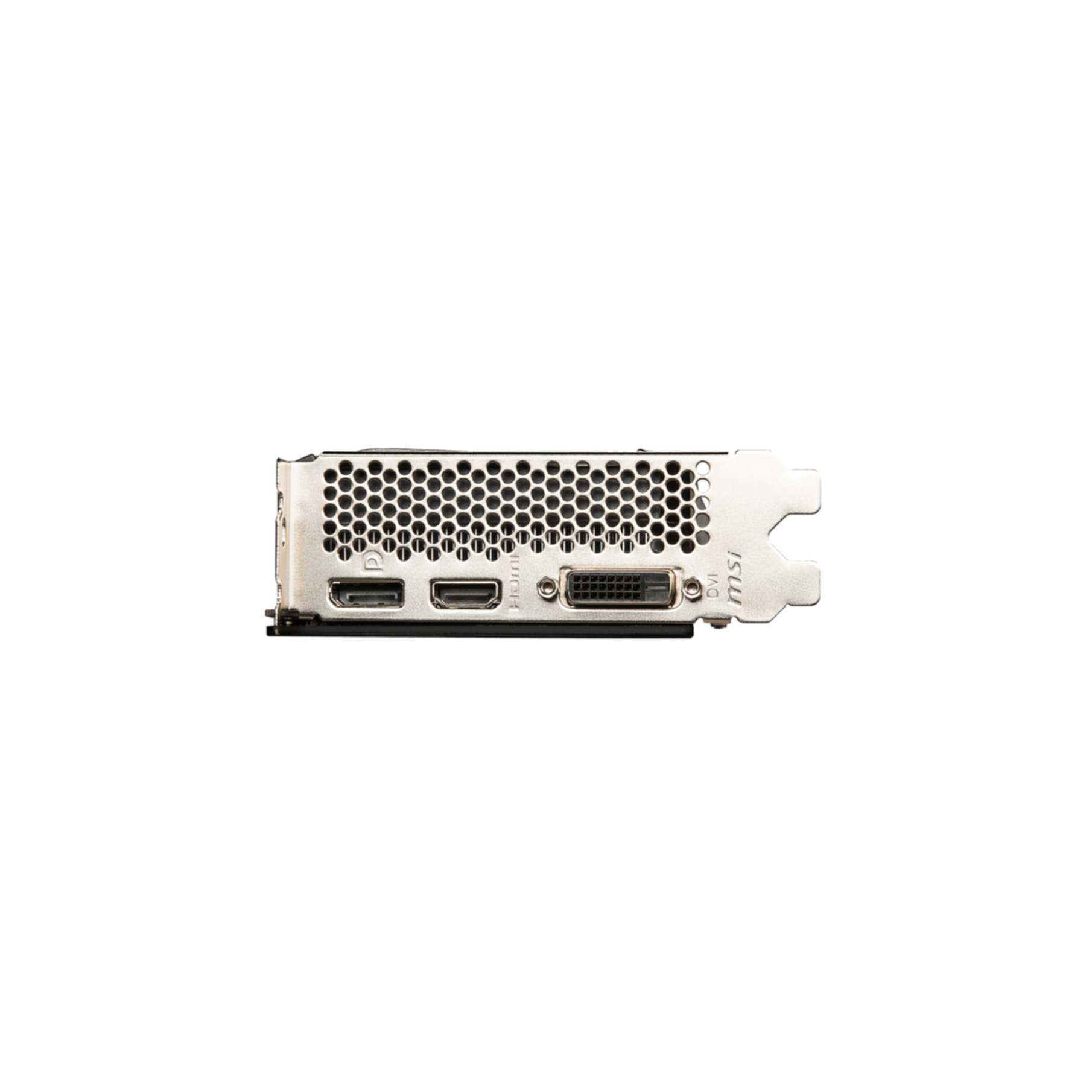 Scheda grafica argentata con porte: HDMI, DVI e DisplayPort, su bianco.