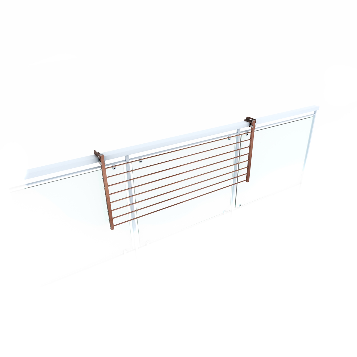 Ein brauner Wäscheständer, der an einem gläsernen Balkon befestigt ist.