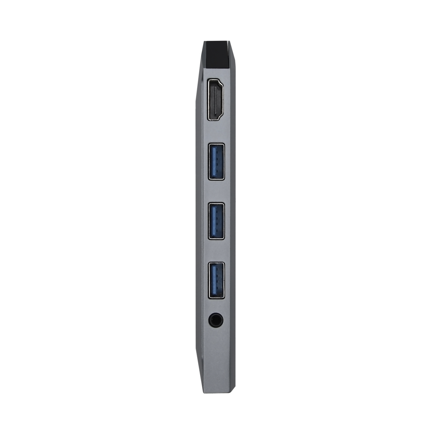 Vista lateral del concentrador USB-C plateado con puertos: HDMI, USB 3.0, USB 3.0 y audio.