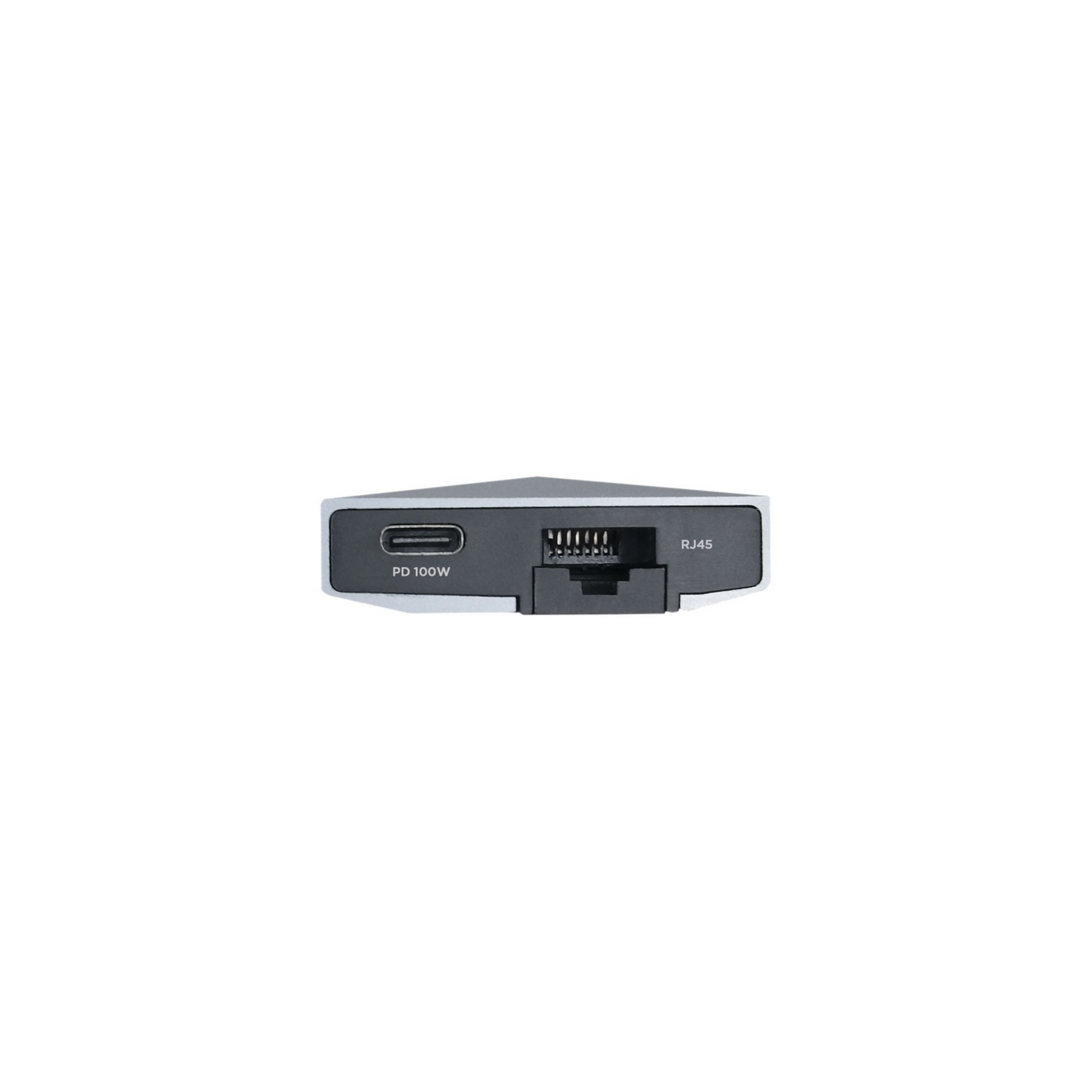 Estación de acoplamiento plateada y negra con puertos USB-C, RJ45 y PD 100W, vista superior, fondo blanco.